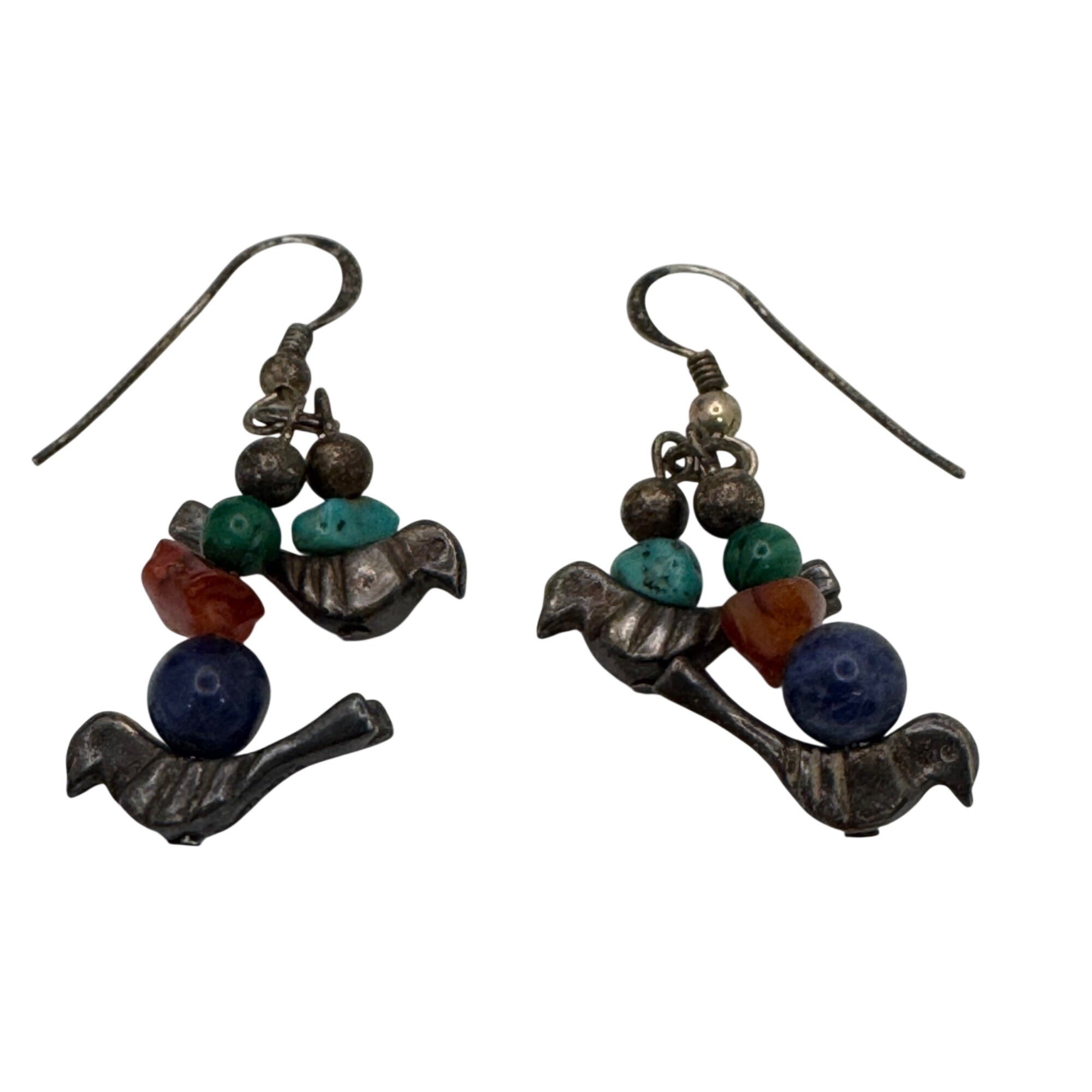 Fetish Sterling Silver Bird Earrings Turquoise Coral & Lapis Lazuli Beads Dangle