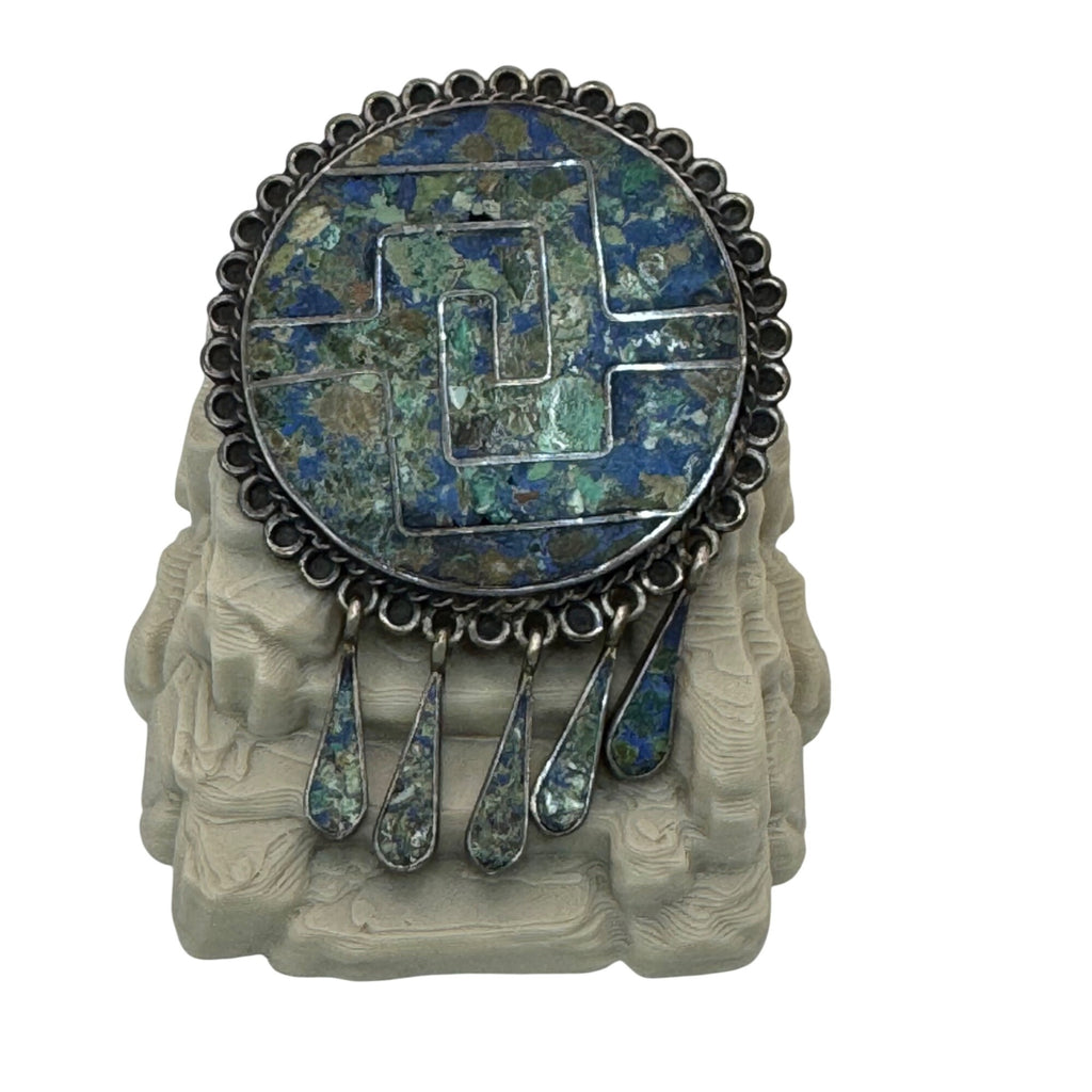 Lapis Turquoise Mosaic  Brooch Pendant Vintage 925 Sterling Silver Taxco Mexico