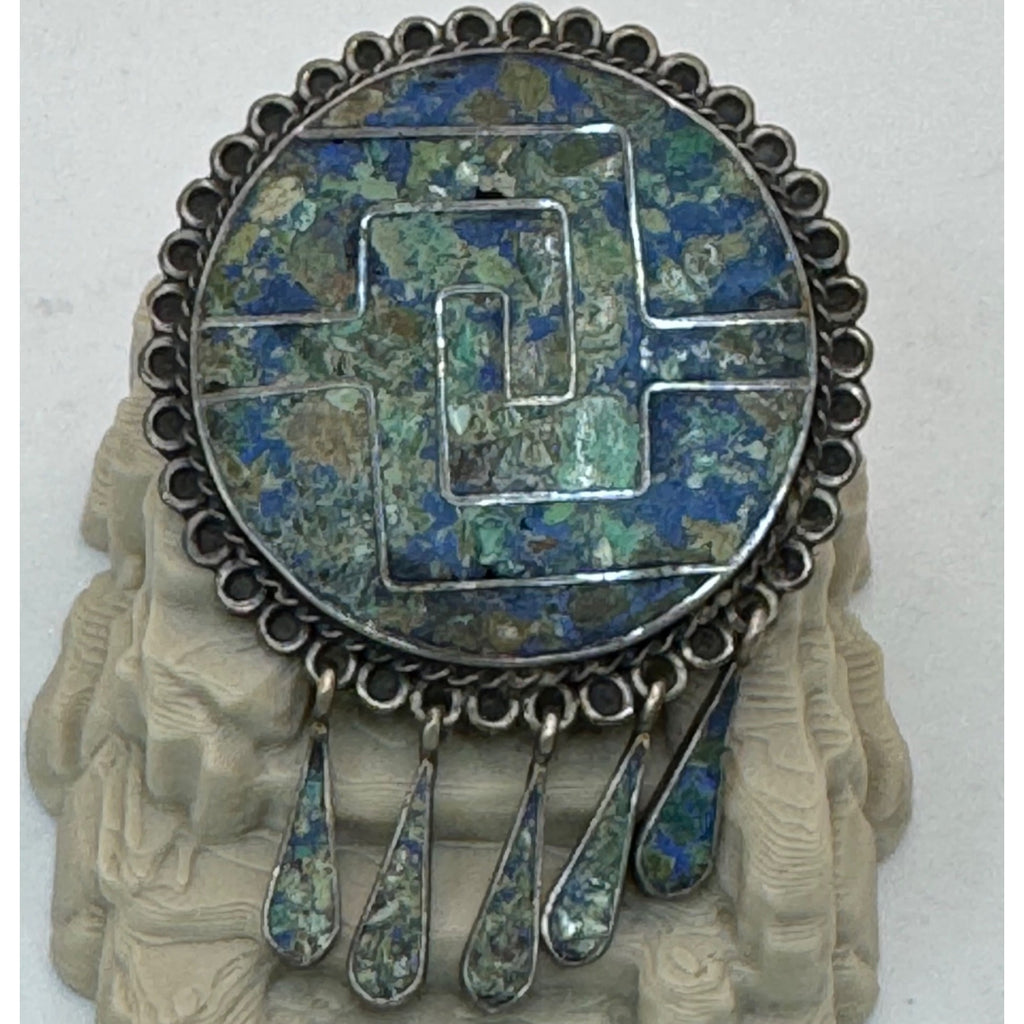 Lapis Turquoise Mosaic  Brooch Pendant Vintage 925 Sterling Silver Taxco Mexico