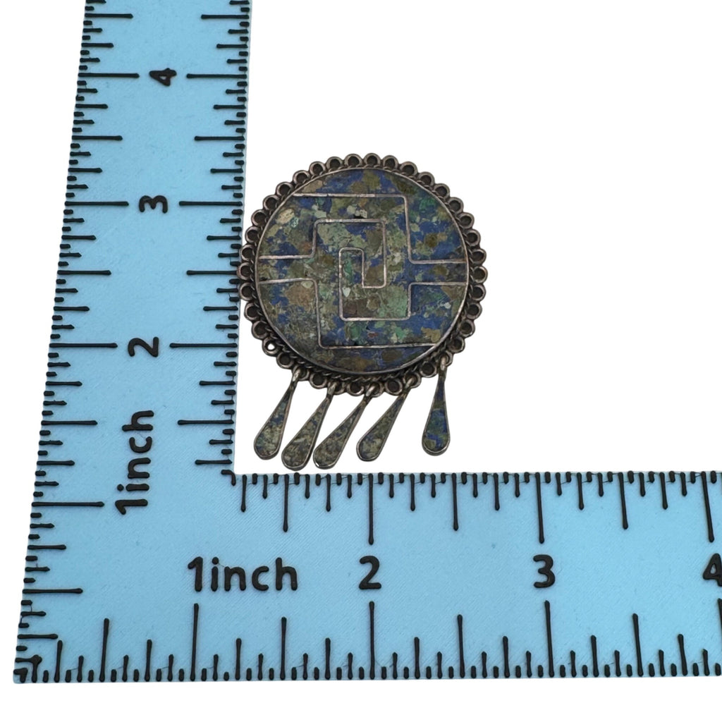 Lapis Turquoise Mosaic  Brooch Pendant Vintage 925 Sterling Silver Taxco Mexico