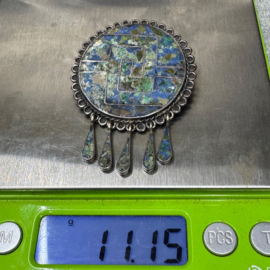 Lapis Turquoise Mosaic  Brooch Pendant Vintage 925 Sterling Silver Taxco Mexico