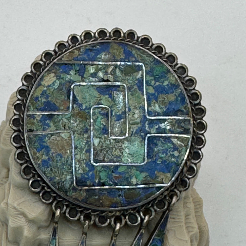 Lapis Turquoise Mosaic  Brooch Pendant Vintage 925 Sterling Silver Taxco Mexico