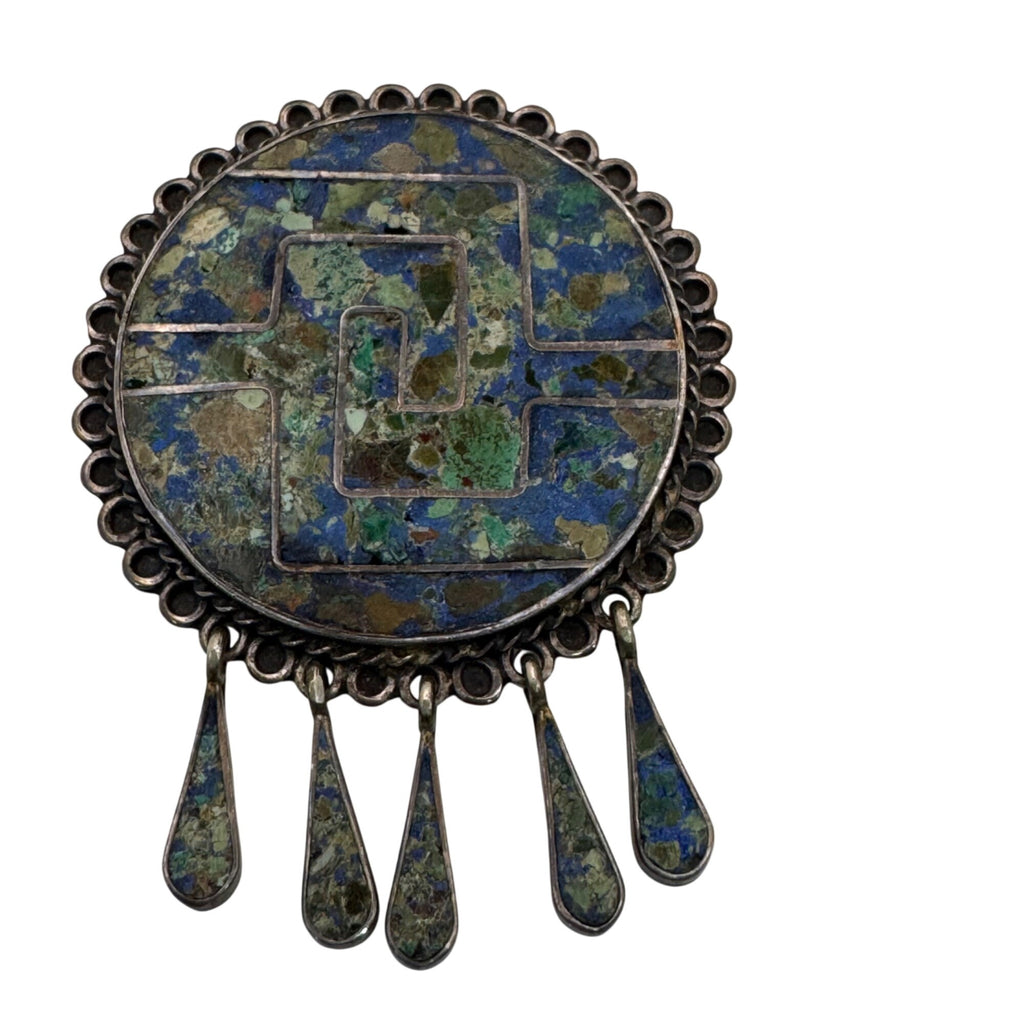 Lapis Turquoise Mosaic  Brooch Pendant Vintage 925 Sterling Silver Taxco Mexico