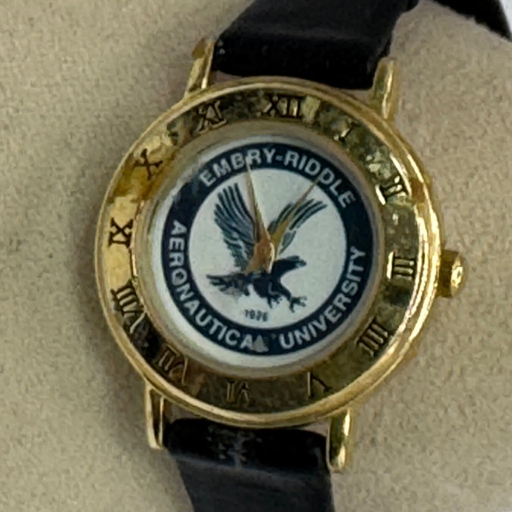 Embry-Riddle Aeronautical University Gold-Tone Watch Black Leather Band RARE