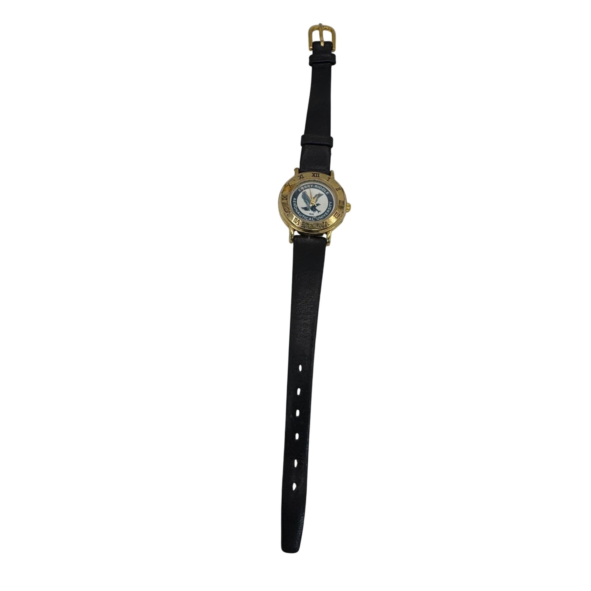 Embry-Riddle Aeronautical University Gold-Tone Watch Black Leather Band RARE