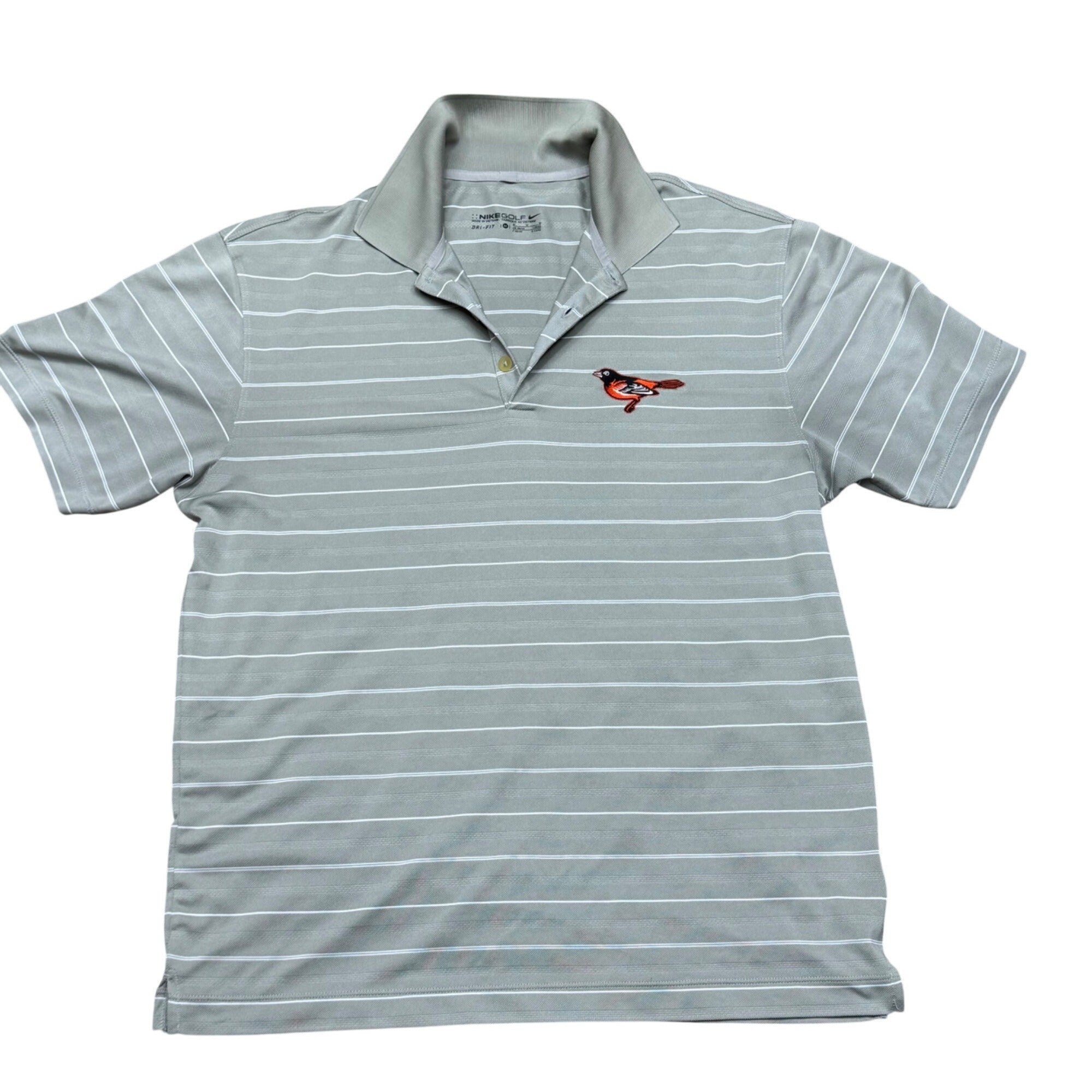 Nike Golf Baltimore Orioles MLB M Dri-Fit Gray Striped Polo Shirt Rare Casual Os