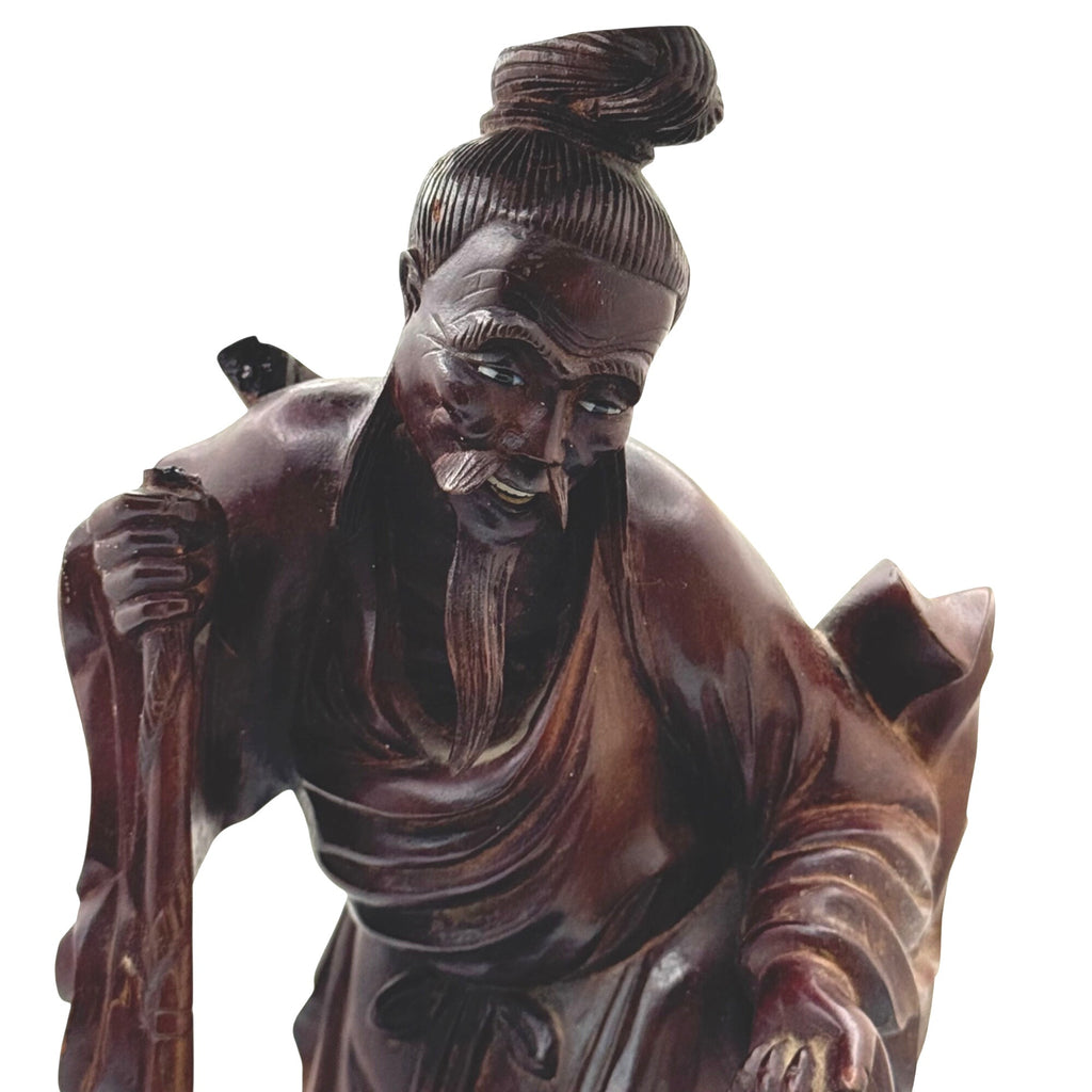 Hand Carved Wooden Sculpture Carved Elderly Man Asian Oriental Staff Jar 10" SEE