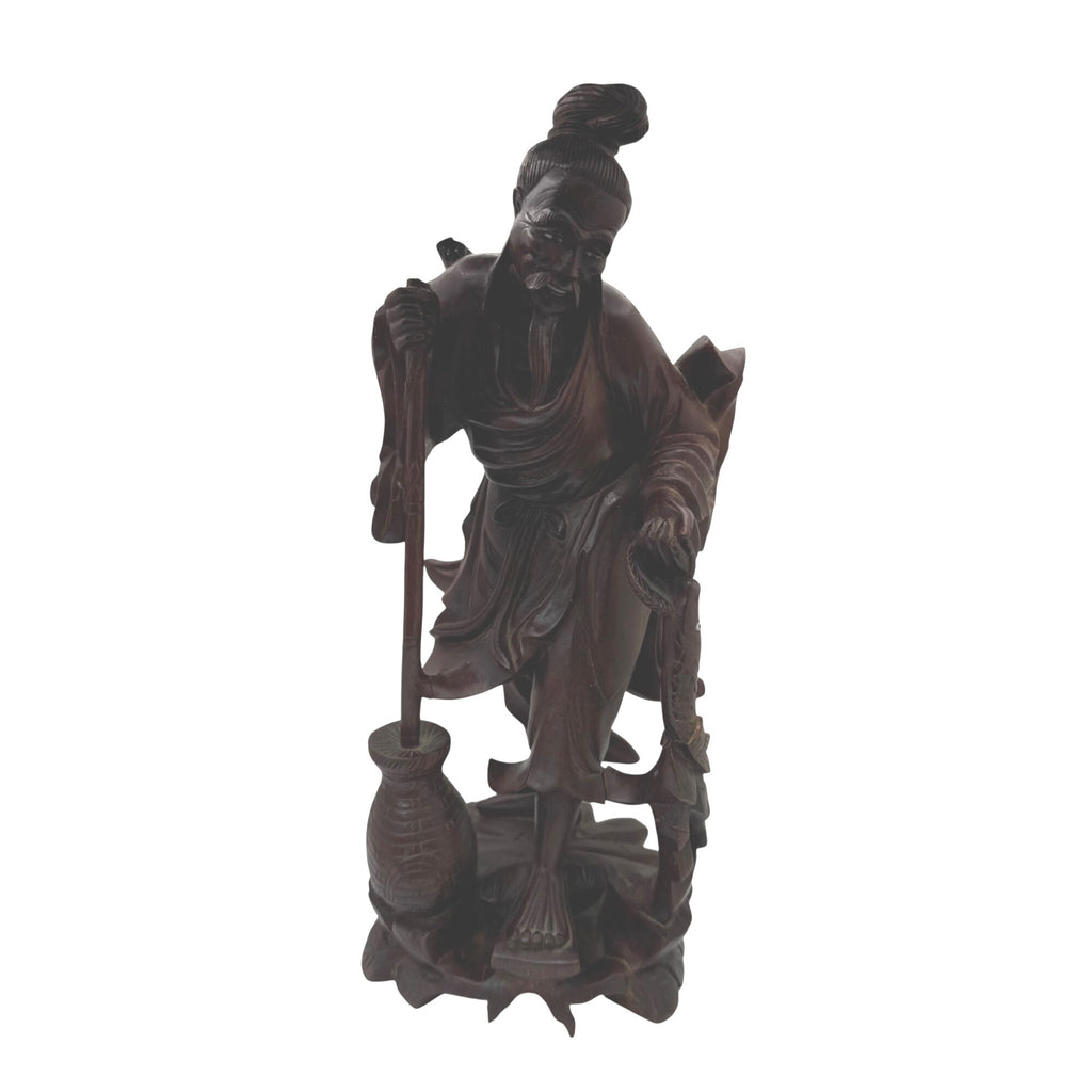 Hand Carved Wooden Sculpture Carved Elderly Man Asian Oriental Staff Jar 10" SEE