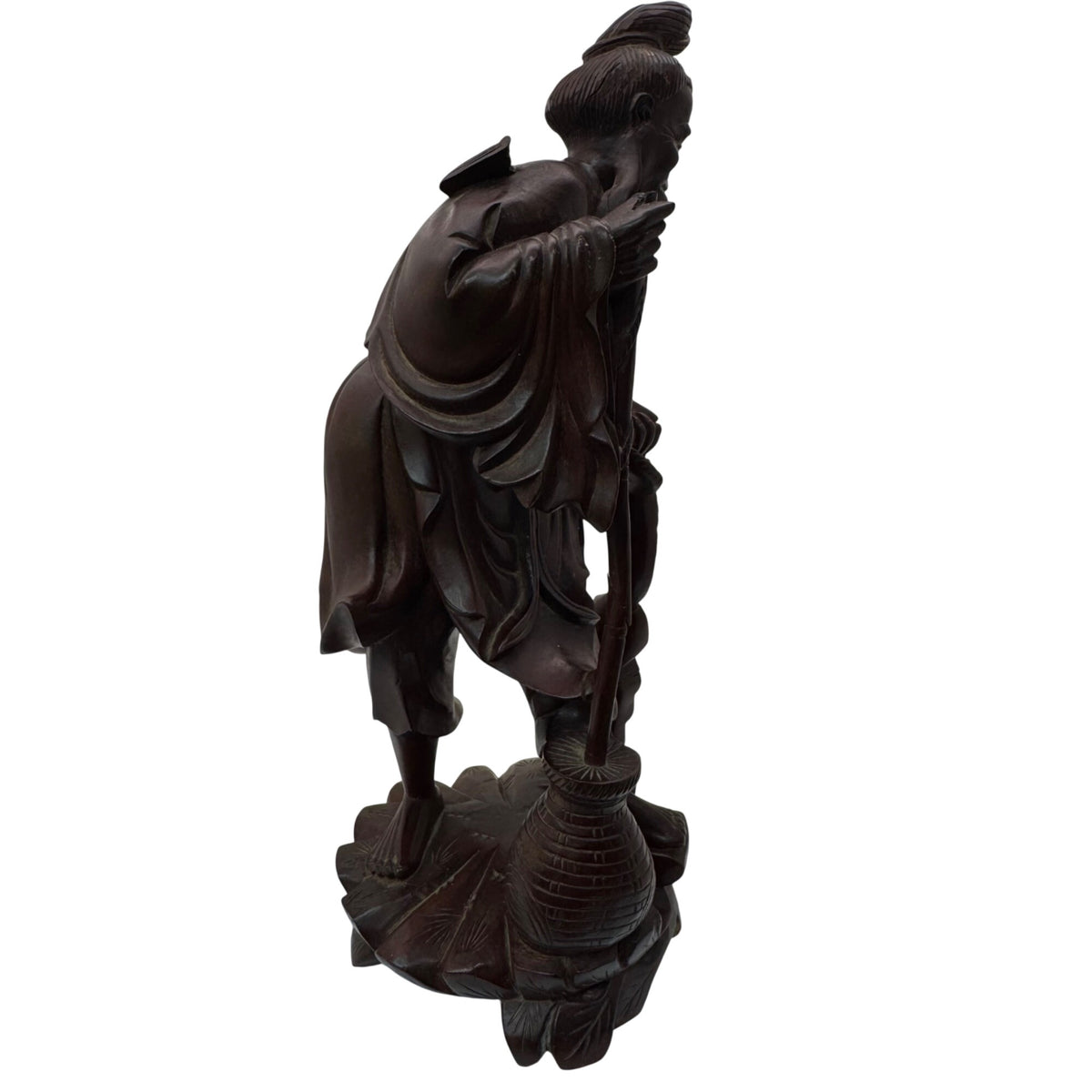 Hand Carved Wooden Sculpture Carved Elderly Man Asian Oriental Staff Jar 10" SEE
