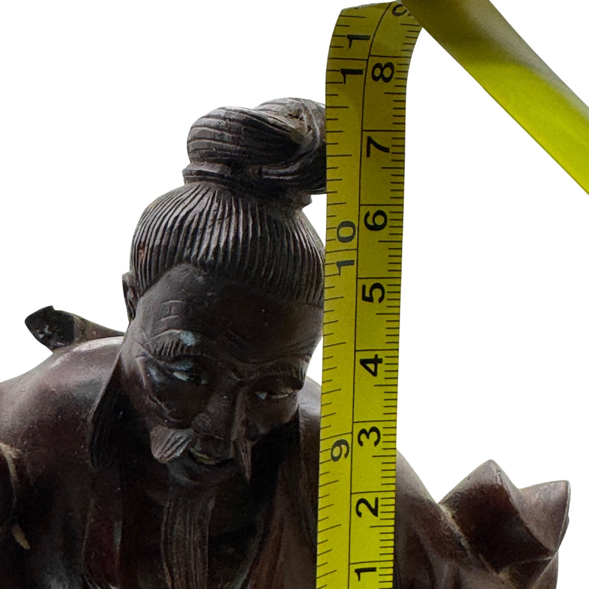 Hand Carved Wooden Sculpture Carved Elderly Man Asian Oriental Staff Jar 10" SEE