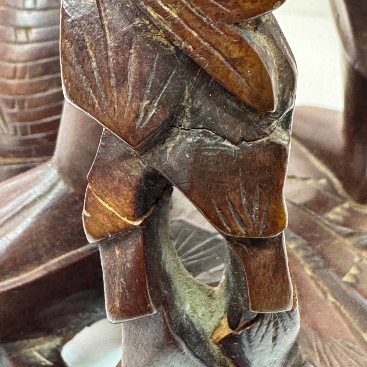 Hand Carved Wooden Sculpture Carved Elderly Man Asian Oriental Staff Jar 10" SEE