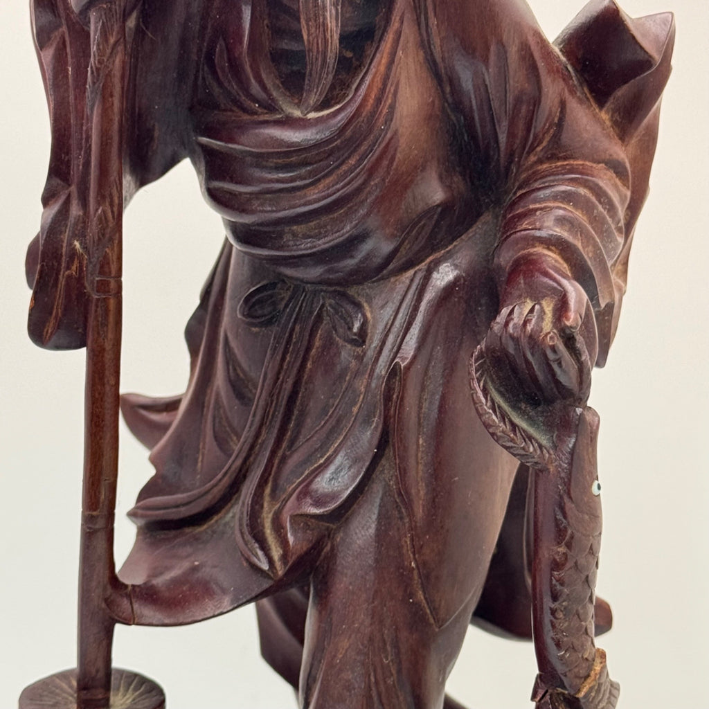 Hand Carved Wooden Sculpture Carved Elderly Man Asian Oriental Staff Jar 10" SEE