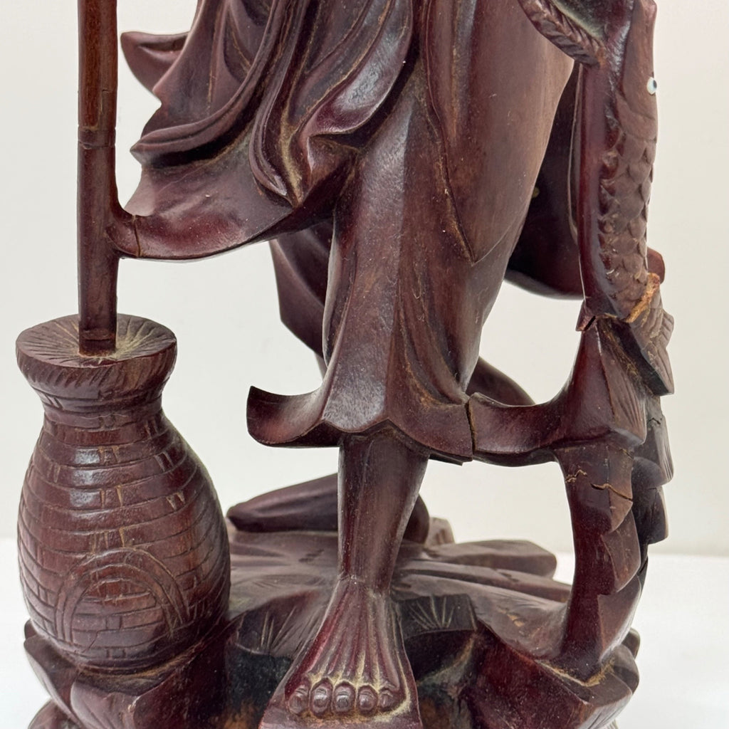 Hand Carved Wooden Sculpture Carved Elderly Man Asian Oriental Staff Jar 10" SEE