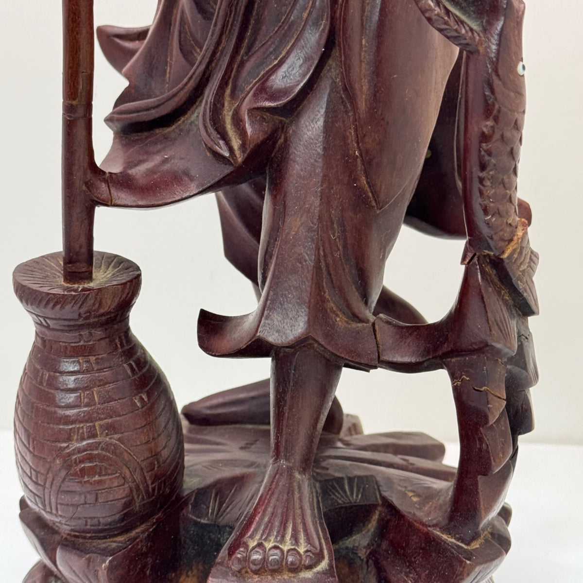 Hand Carved Wooden Sculpture Carved Elderly Man Asian Oriental Staff Jar 10" SEE