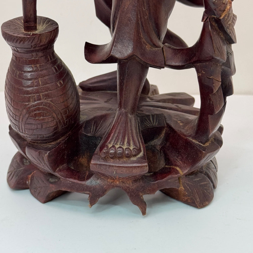 Hand Carved Wooden Sculpture Carved Elderly Man Asian Oriental Staff Jar 10" SEE