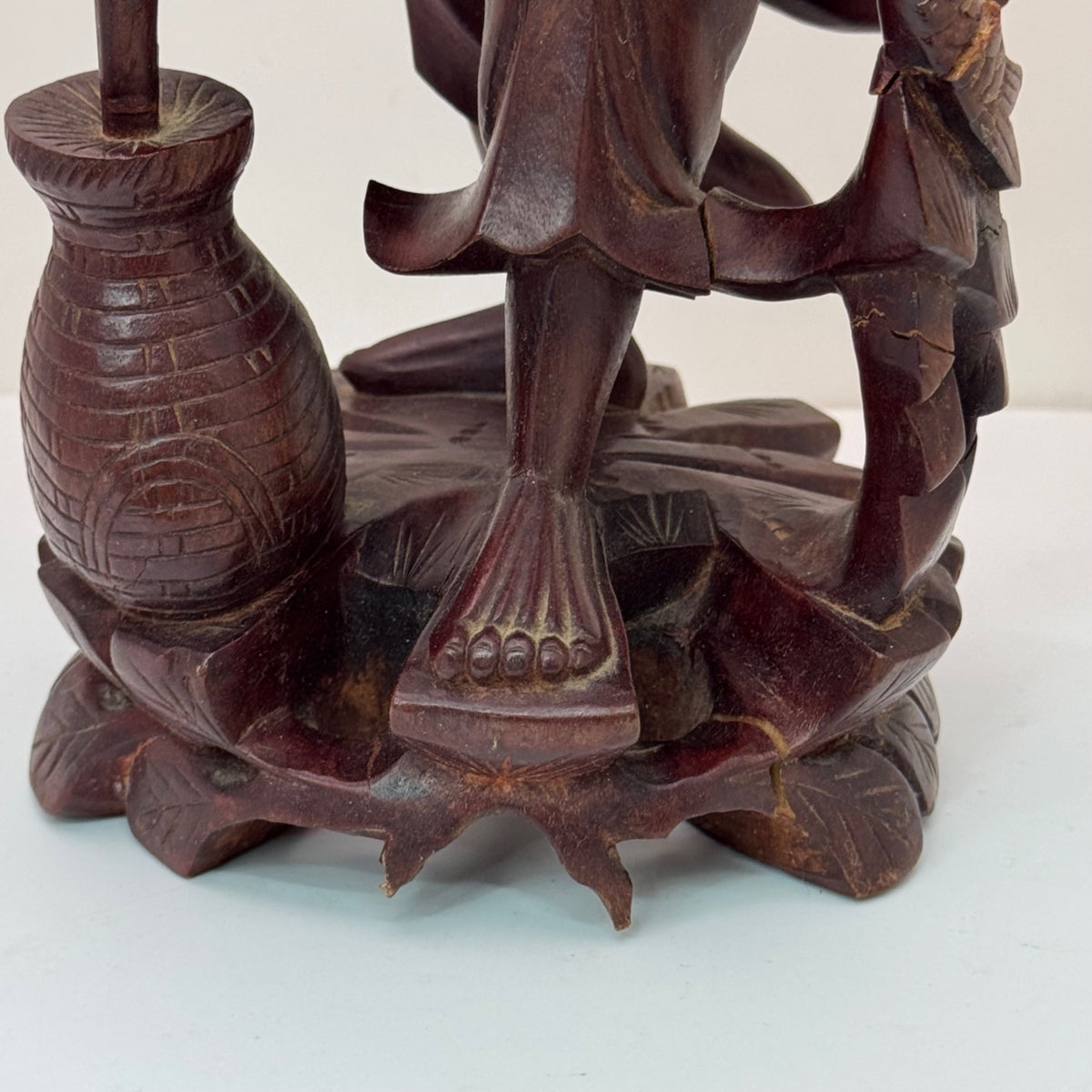 Hand Carved Wooden Sculpture Carved Elderly Man Asian Oriental Staff Jar 10" SEE