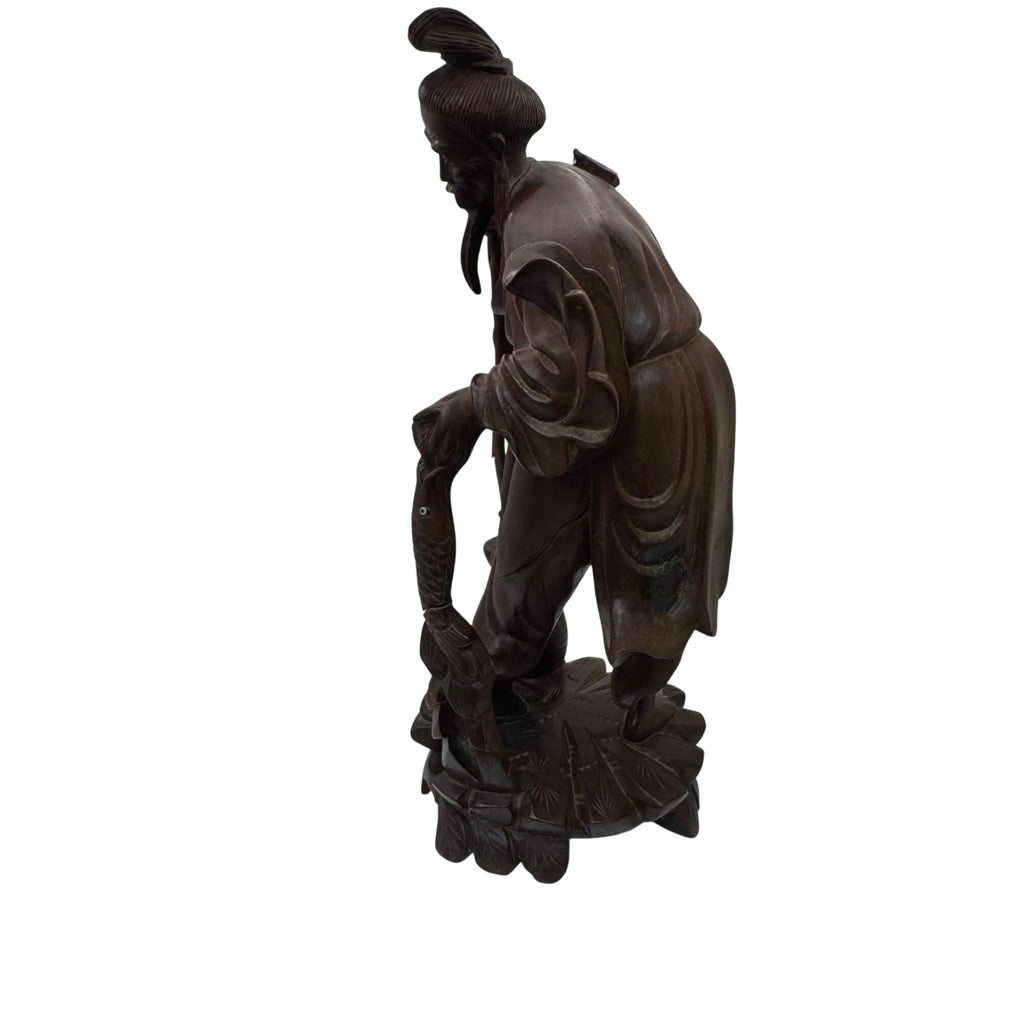 Hand Carved Wooden Sculpture Carved Elderly Man Asian Oriental Staff Jar 10" SEE