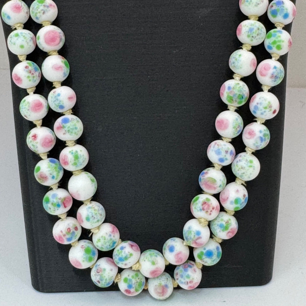Vintage Asian Porcelain Beaded Necklace Rhinestone Clasp Double Strand Floral 25