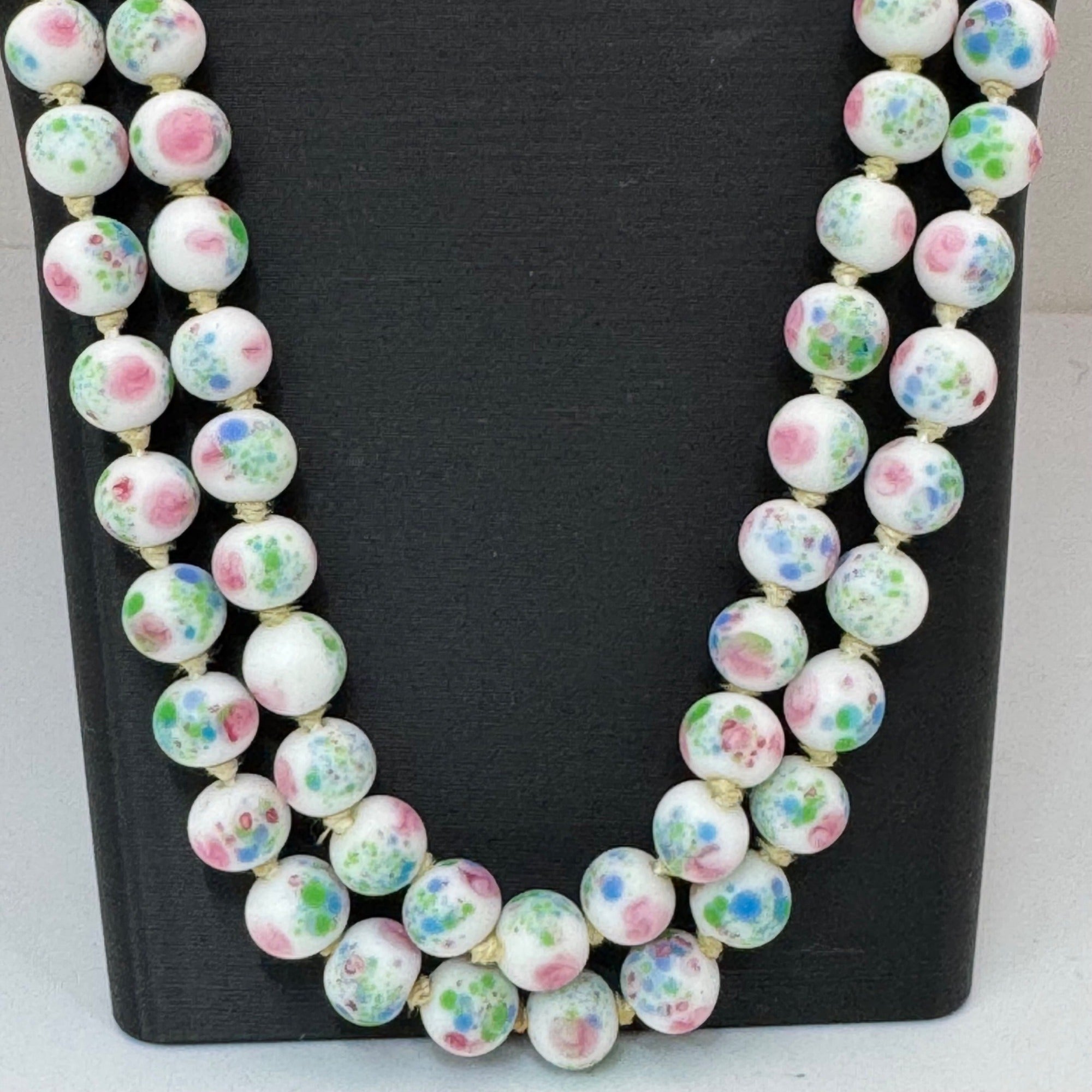 Vintage Asian Porcelain Beaded Necklace Rhinestone Clasp Double Strand Floral 25