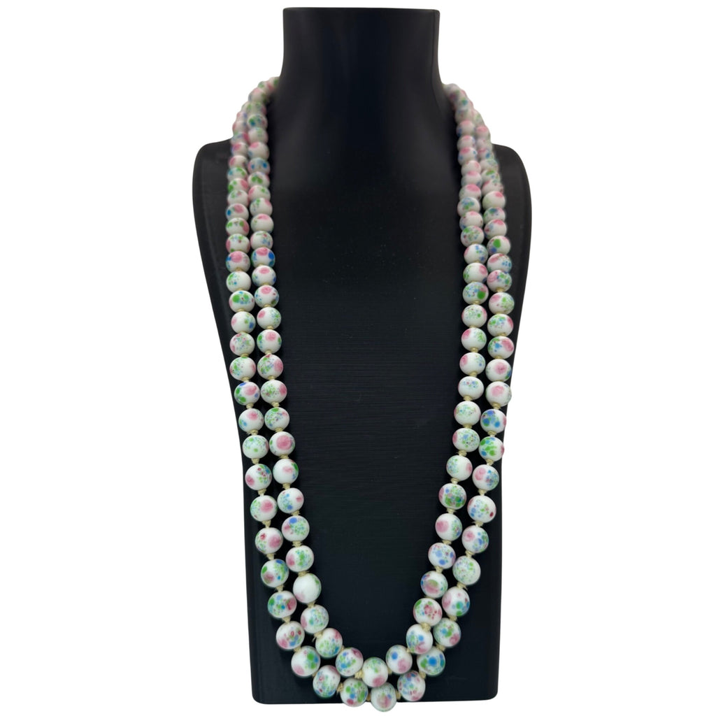 Vintage Asian Porcelain Beaded Necklace Rhinestone Clasp Double Strand Floral 25
