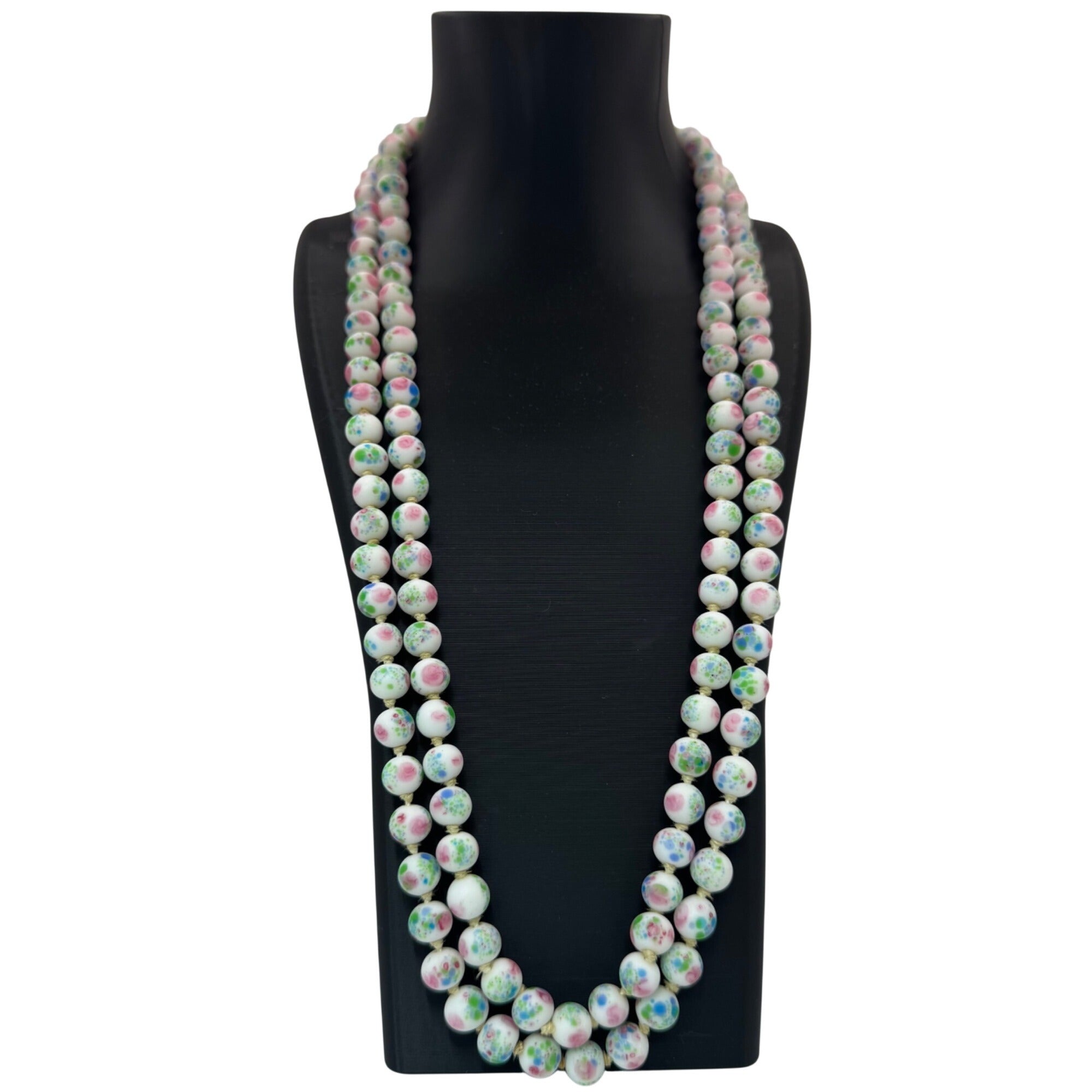 Vintage Asian Porcelain Beaded Necklace Rhinestone Clasp Double Strand Floral 25