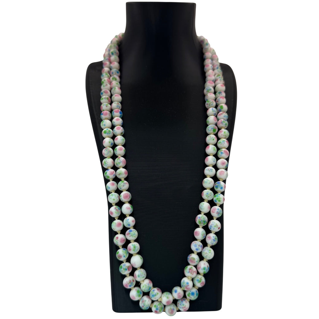 Vintage Asian Porcelain Beaded Necklace Rhinestone Clasp Double Strand Floral 25
