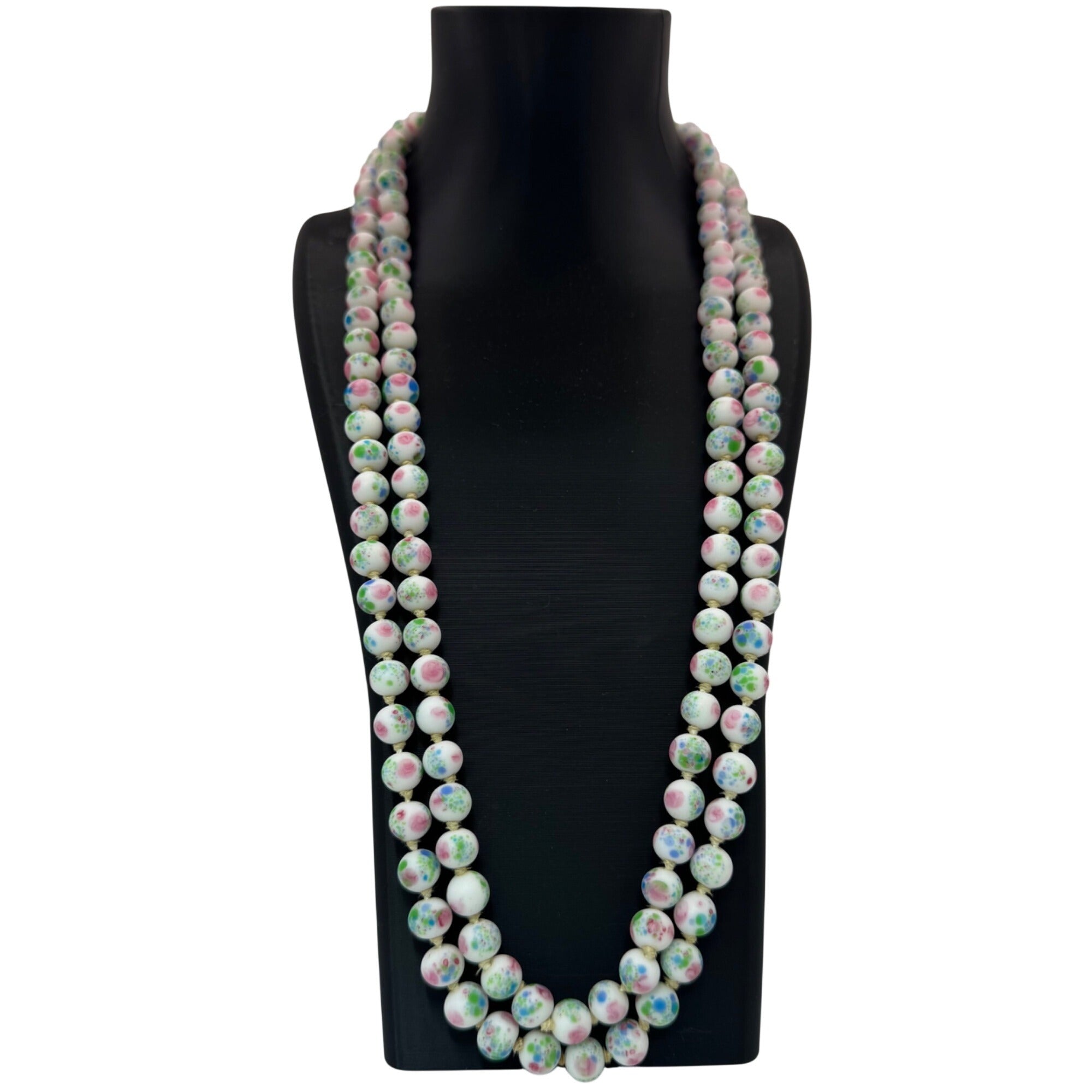 Vintage Asian Porcelain Beaded Necklace Rhinestone Clasp Double Strand Floral 25
