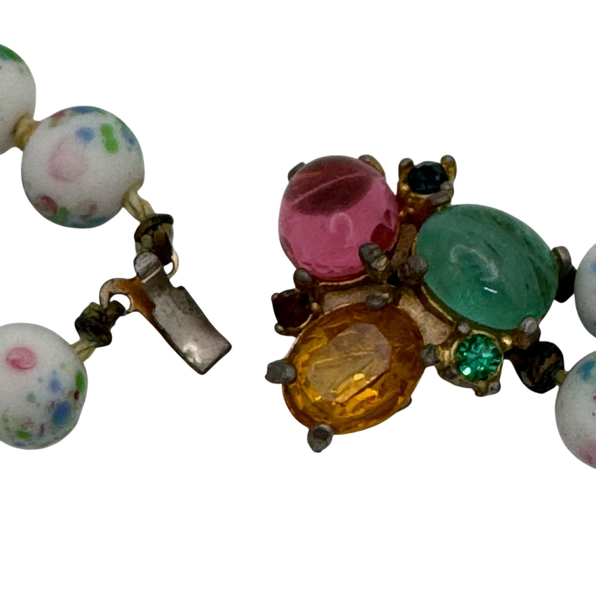 Vintage Asian Porcelain Beaded Necklace Rhinestone Clasp Double Strand Floral 25