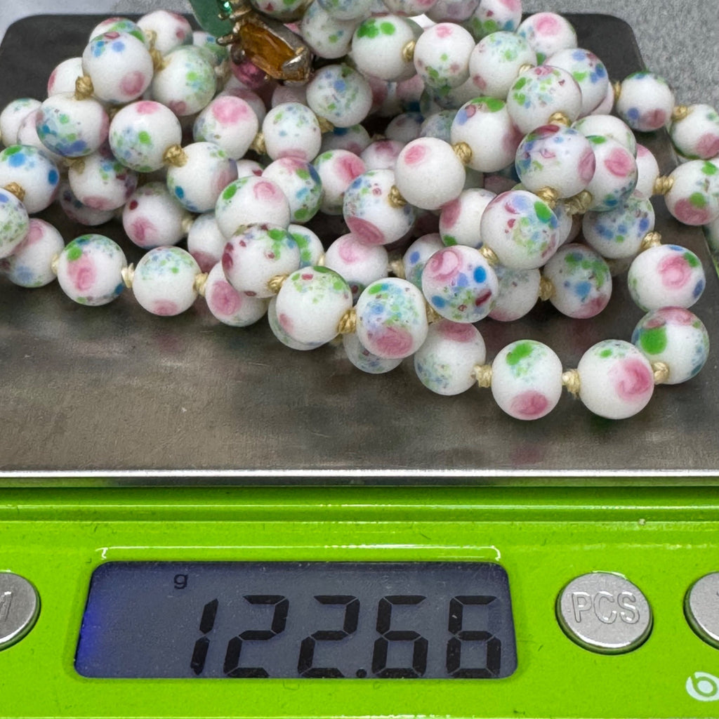 Vintage Asian Porcelain Beaded Necklace Rhinestone Clasp Double Strand Floral 25