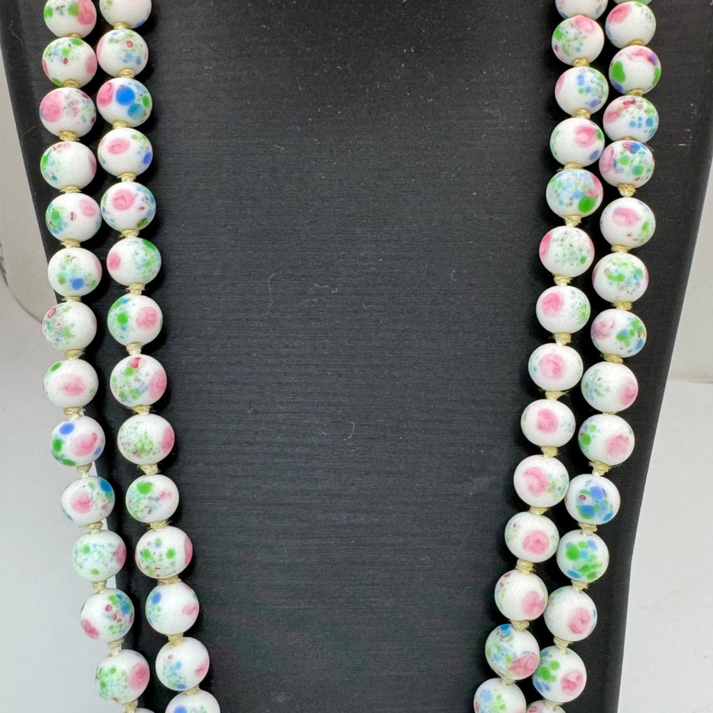 Vintage Asian Porcelain Beaded Necklace Rhinestone Clasp Double Strand Floral 25