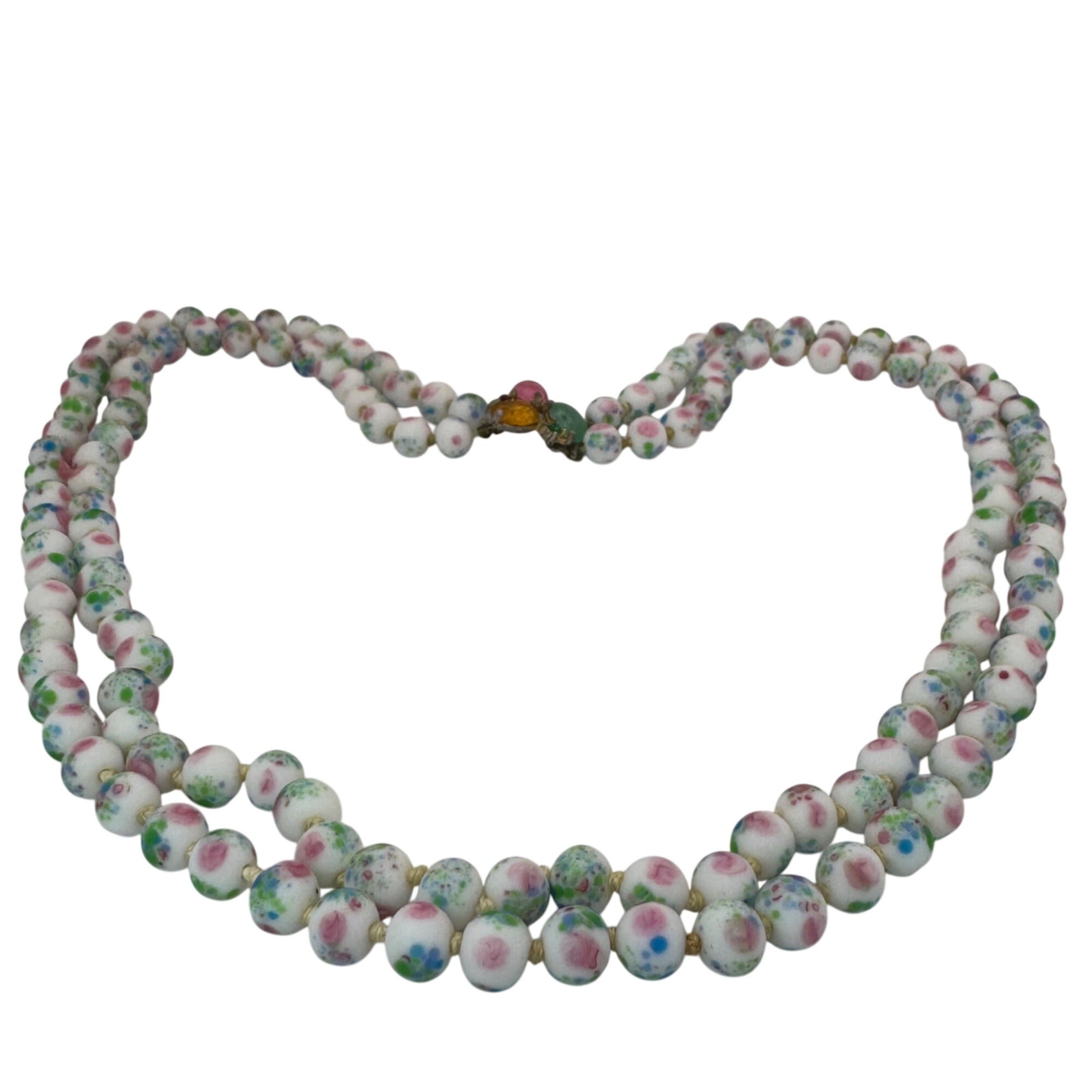 Vintage Asian Porcelain Beaded Necklace Rhinestone Clasp Double Strand Floral 25