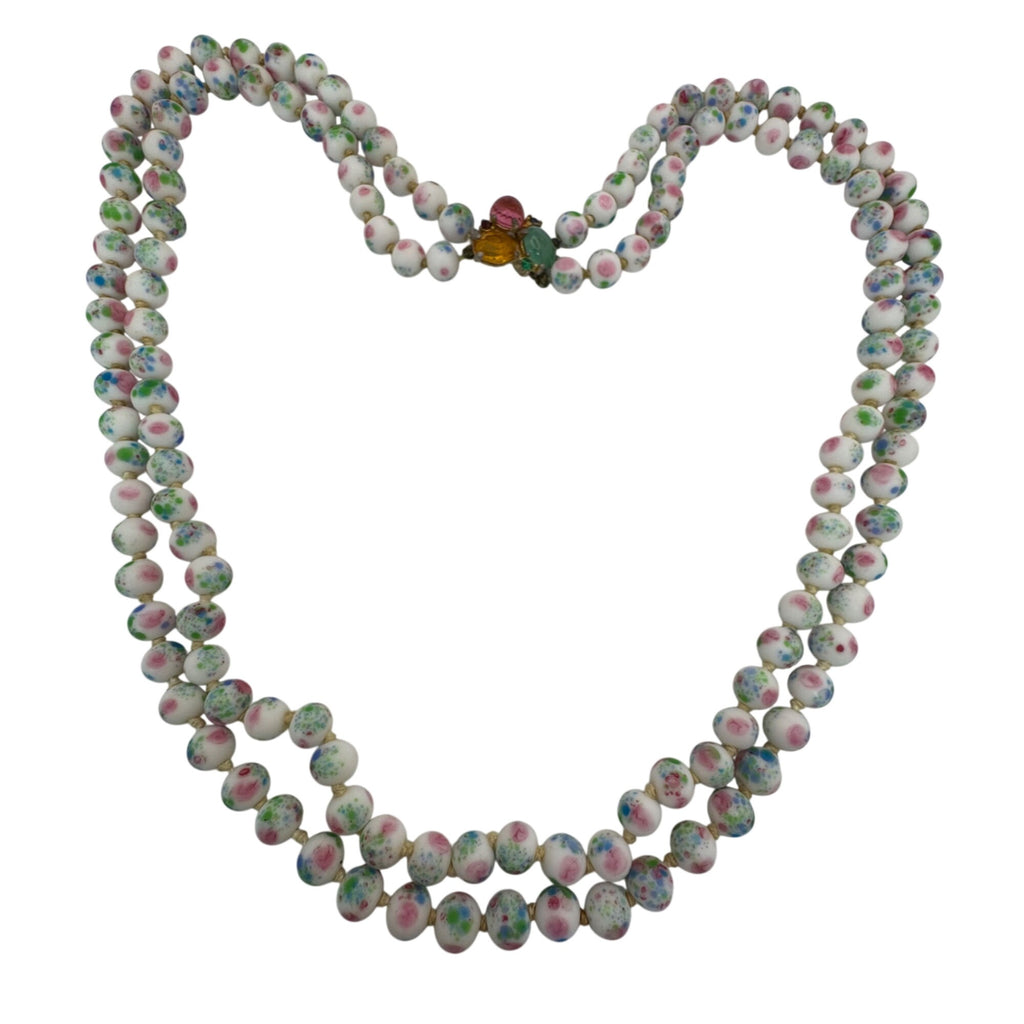 Vintage Asian Porcelain Beaded Necklace Rhinestone Clasp Double Strand Floral 25