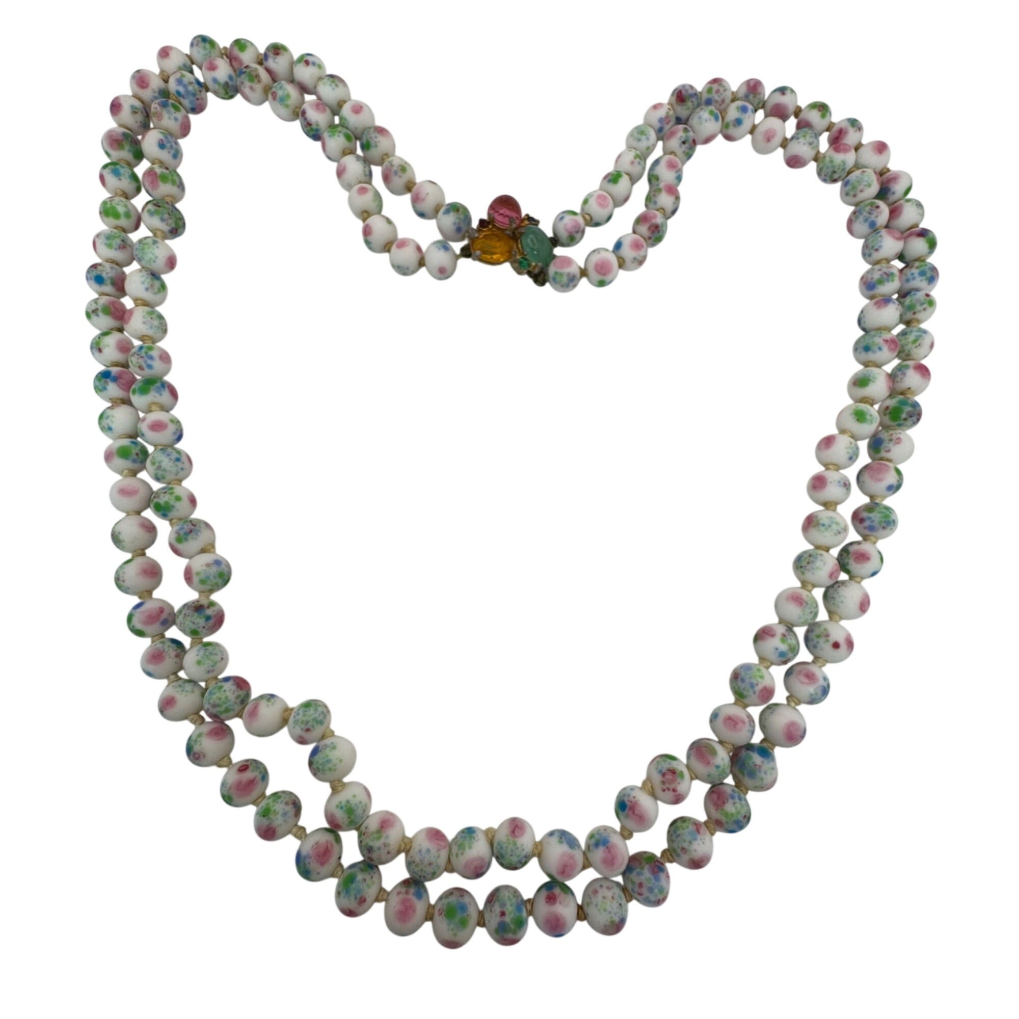 Vintage Asian Porcelain Beaded Necklace Rhinestone Clasp Double Strand Floral 25