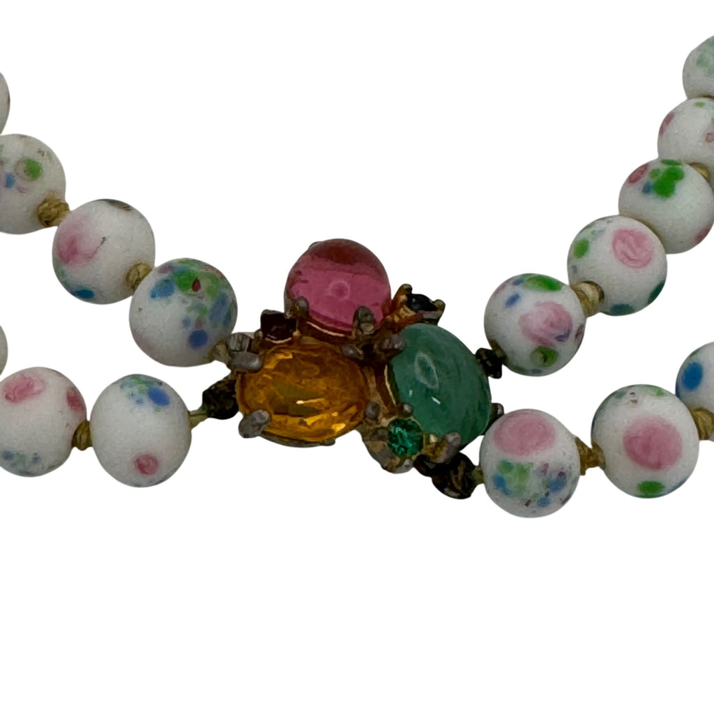 Vintage Asian Porcelain Beaded Necklace Rhinestone Clasp Double Strand Floral 25