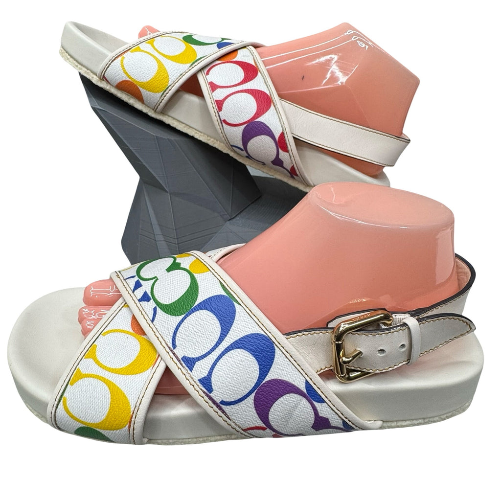Coach Rainbow Signature Slide Sandals Size 11 B White Strap Womens Pride READ