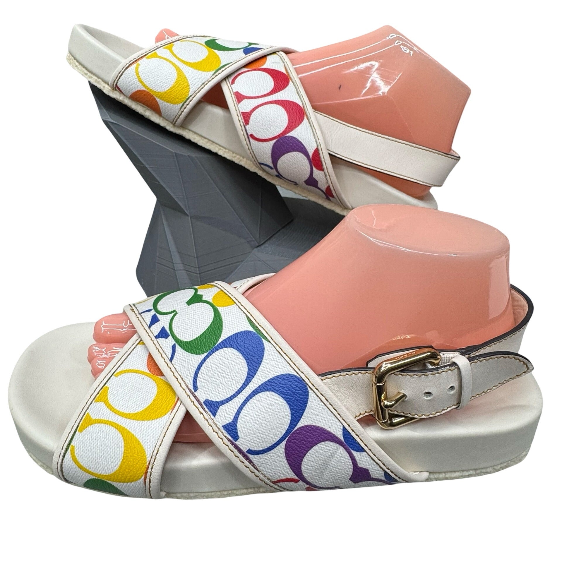 Coach Rainbow Signature Slide Sandals Size 11 B White Strap Womens Pride READ