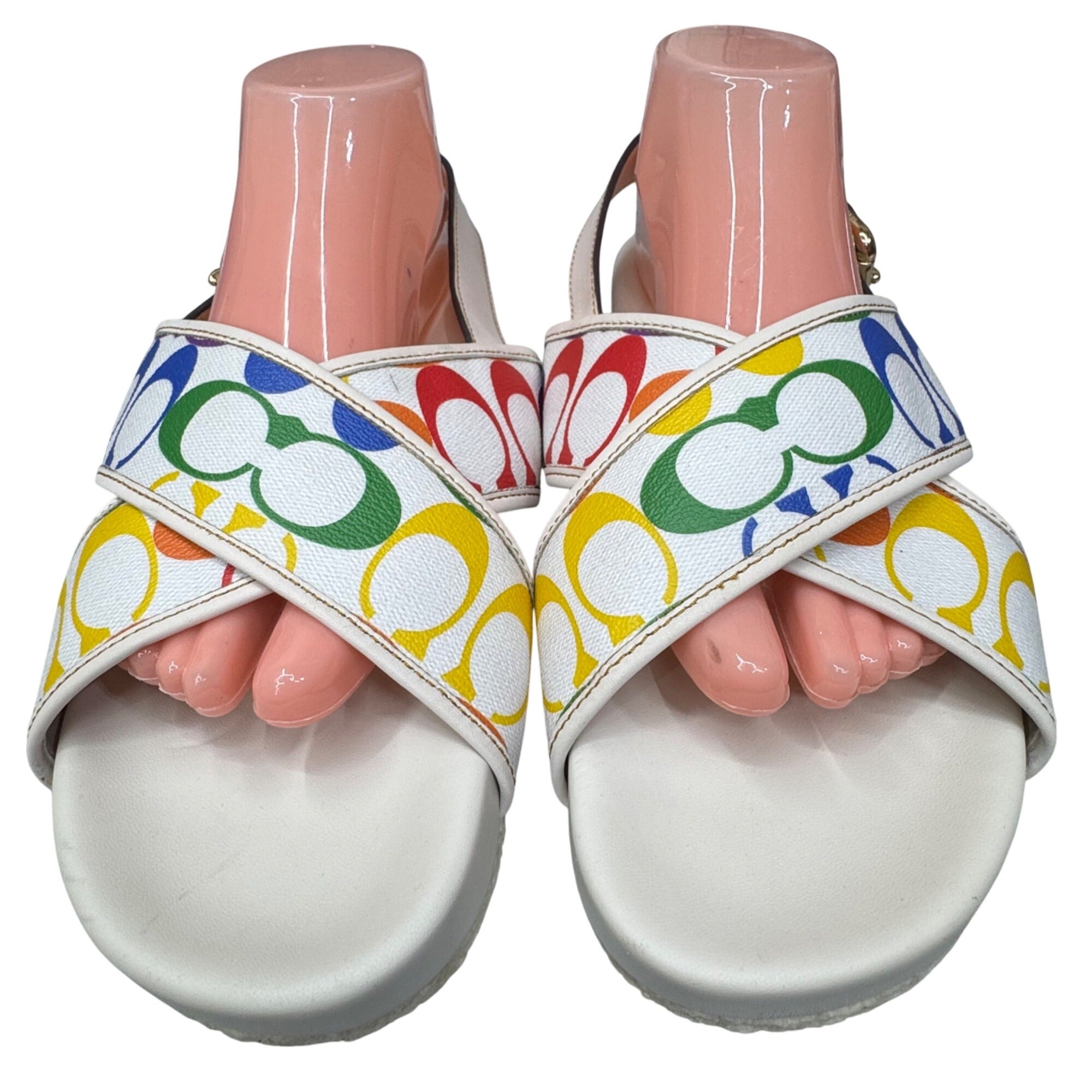 Coach Rainbow Signature Slide Sandals Size 11 B White Strap Womens Pride READ