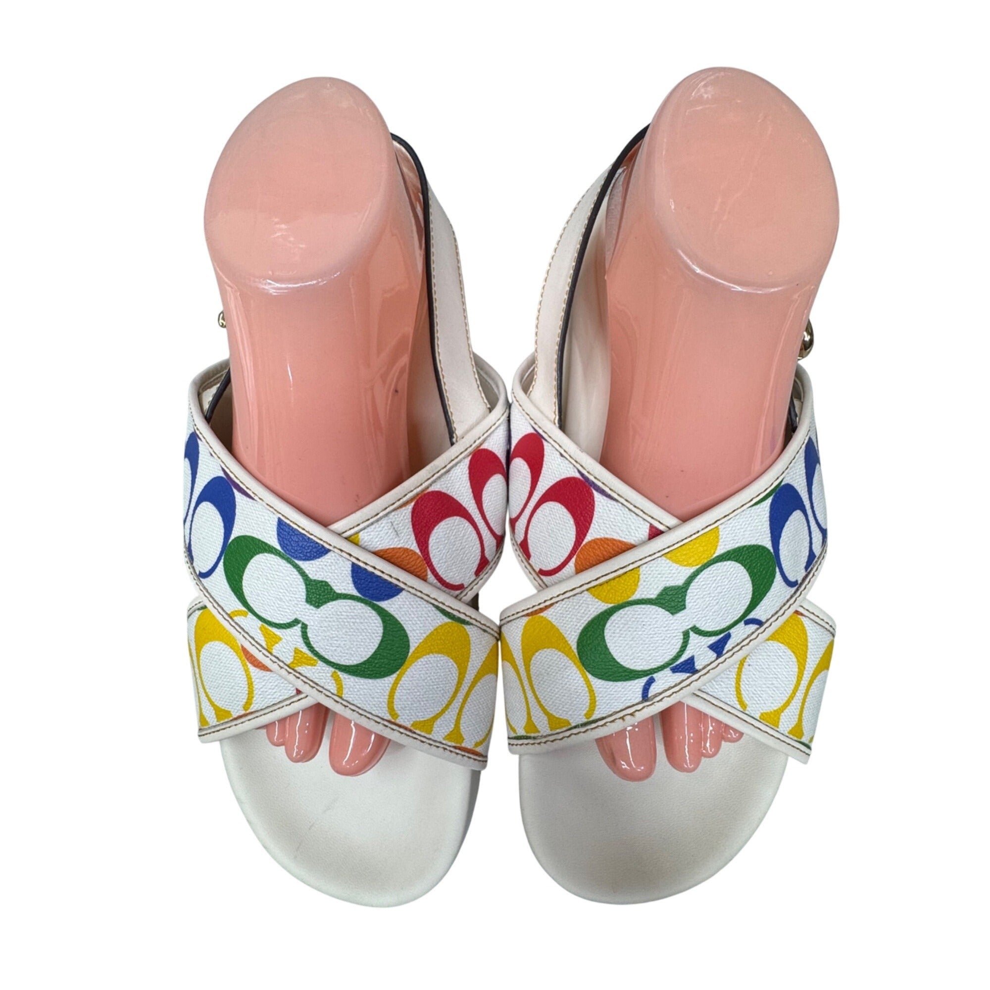 Coach Rainbow Signature Slide Sandals Size 11 B White Strap Womens Pride READ