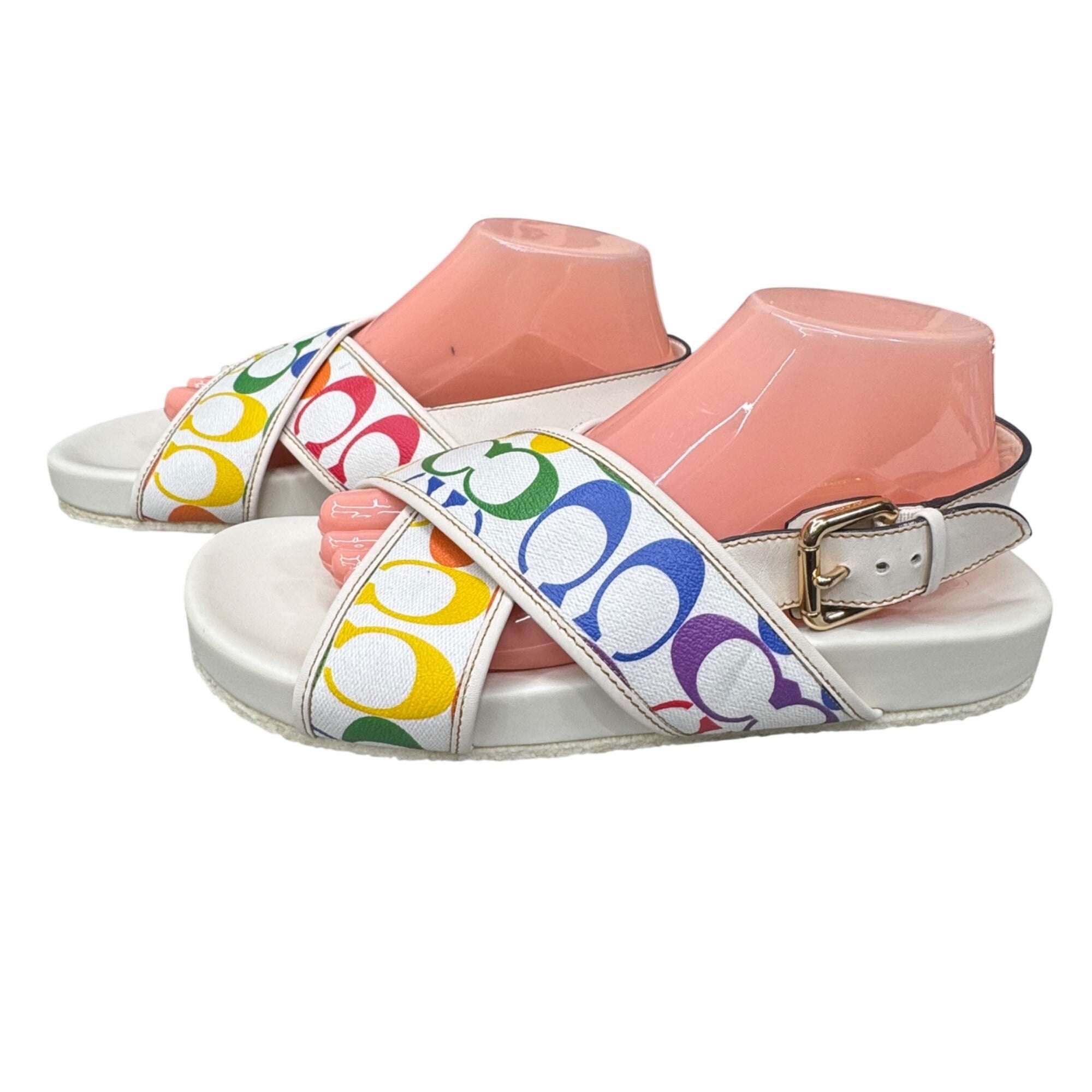 Coach Rainbow Signature Slide Sandals Size 11 B White Strap Womens Pride READ