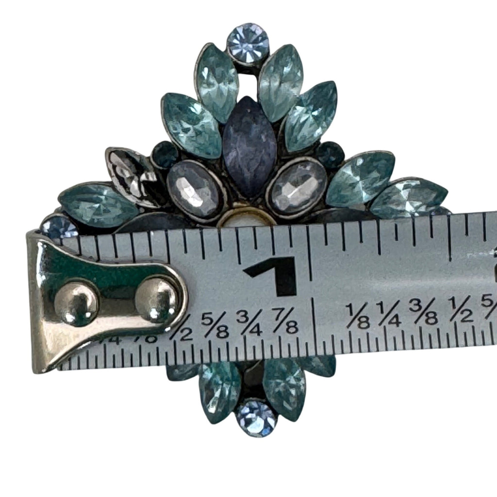 Vintage Floral Rhinestone Brooch Blue & White Crystals Faux Pearl Center 1.5"