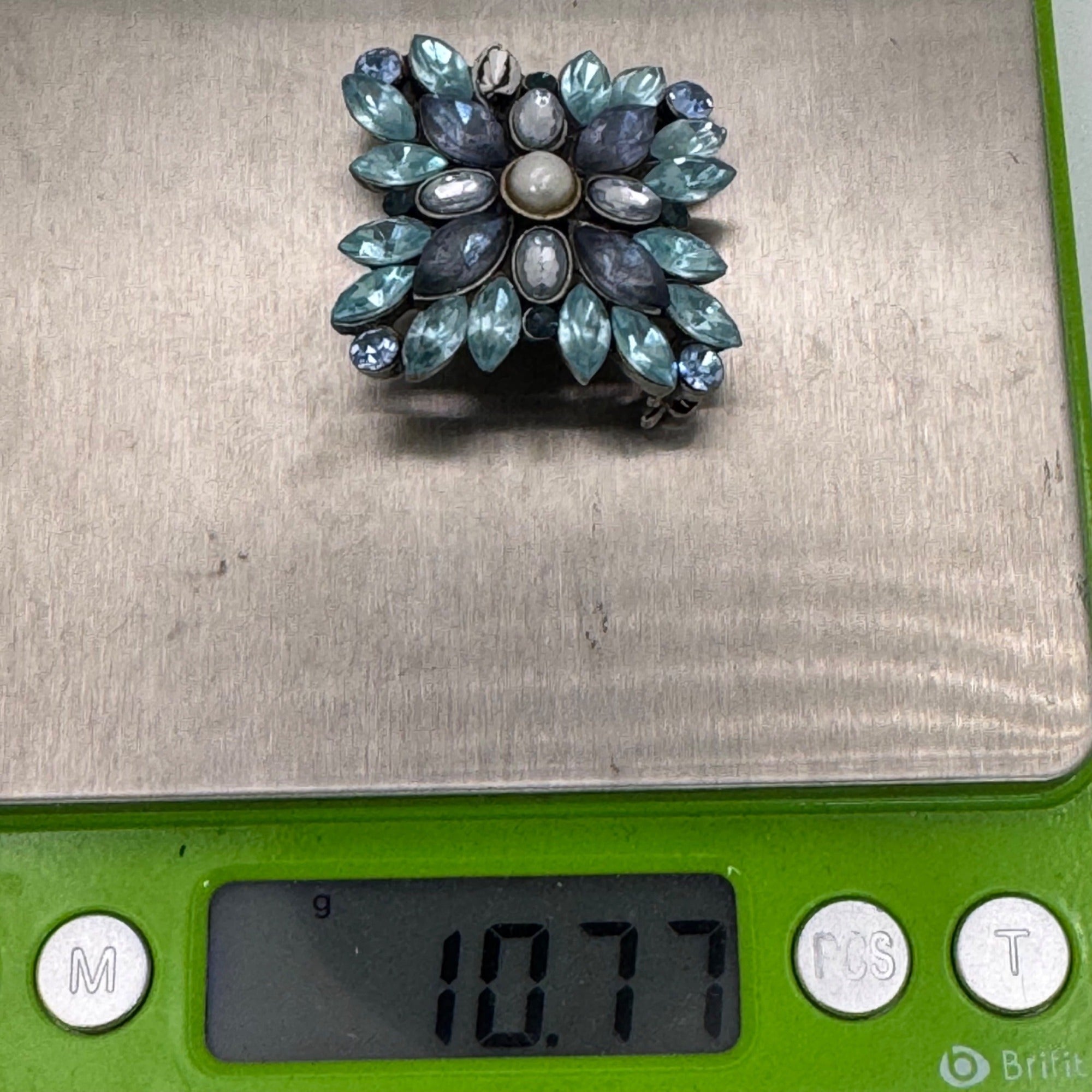Vintage Floral Rhinestone Brooch Blue & White Crystals Faux Pearl Center 1.5"