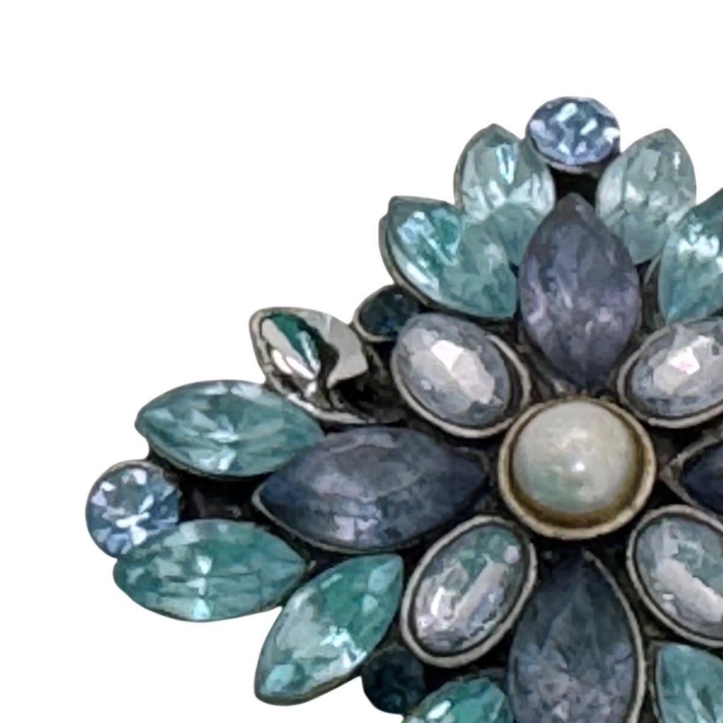 Vintage Floral Rhinestone Brooch Blue & White Crystals Faux Pearl Center 1.5"