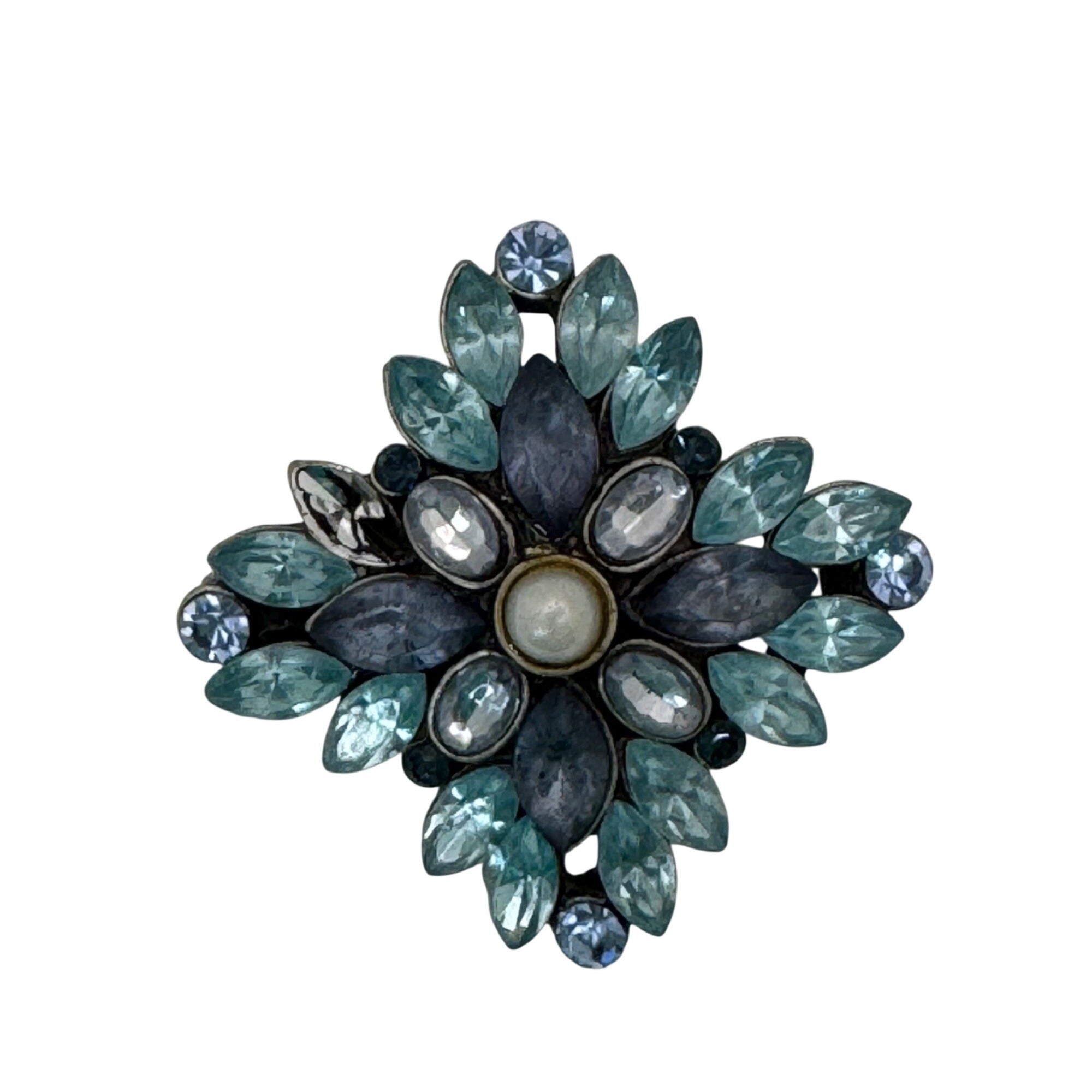 Vintage Floral Rhinestone Brooch Blue & White Crystals Faux Pearl Center 1.5"
