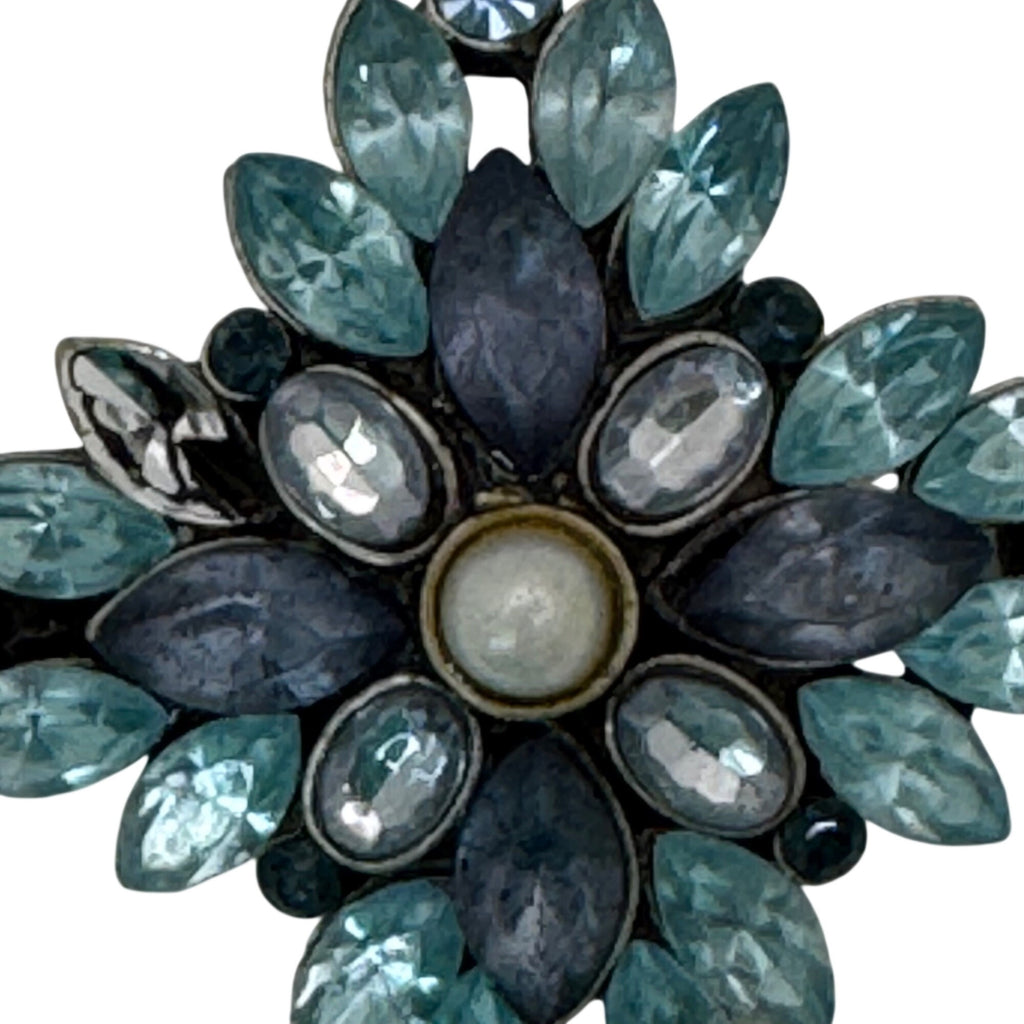 Vintage Floral Rhinestone Brooch Blue & White Crystals Faux Pearl Center 1.5"