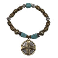 Chicos Beaded Stretch Bracelet Gold Cross Coin Pendant Charm Turquoise Isabel