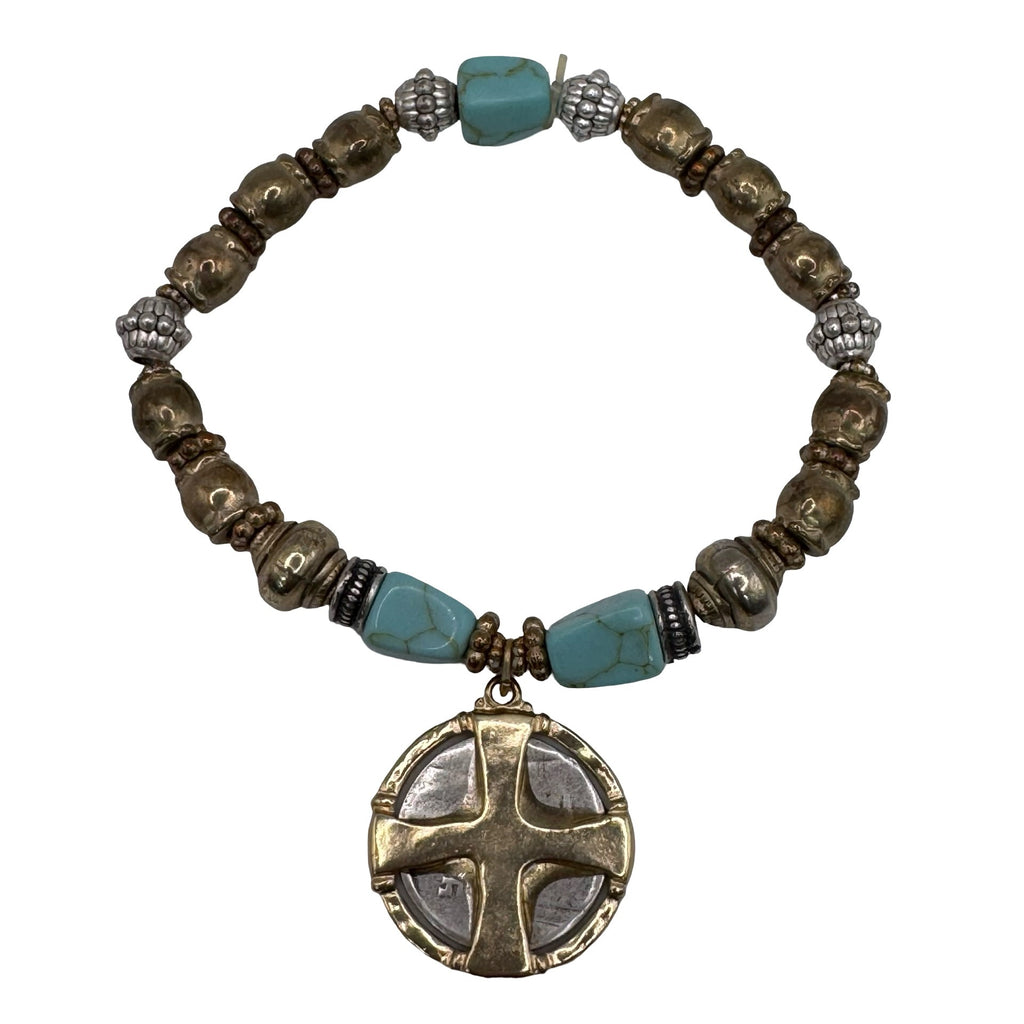 Chicos Beaded Stretch Bracelet Gold Cross Coin Pendant Charm Turquoise Isabel