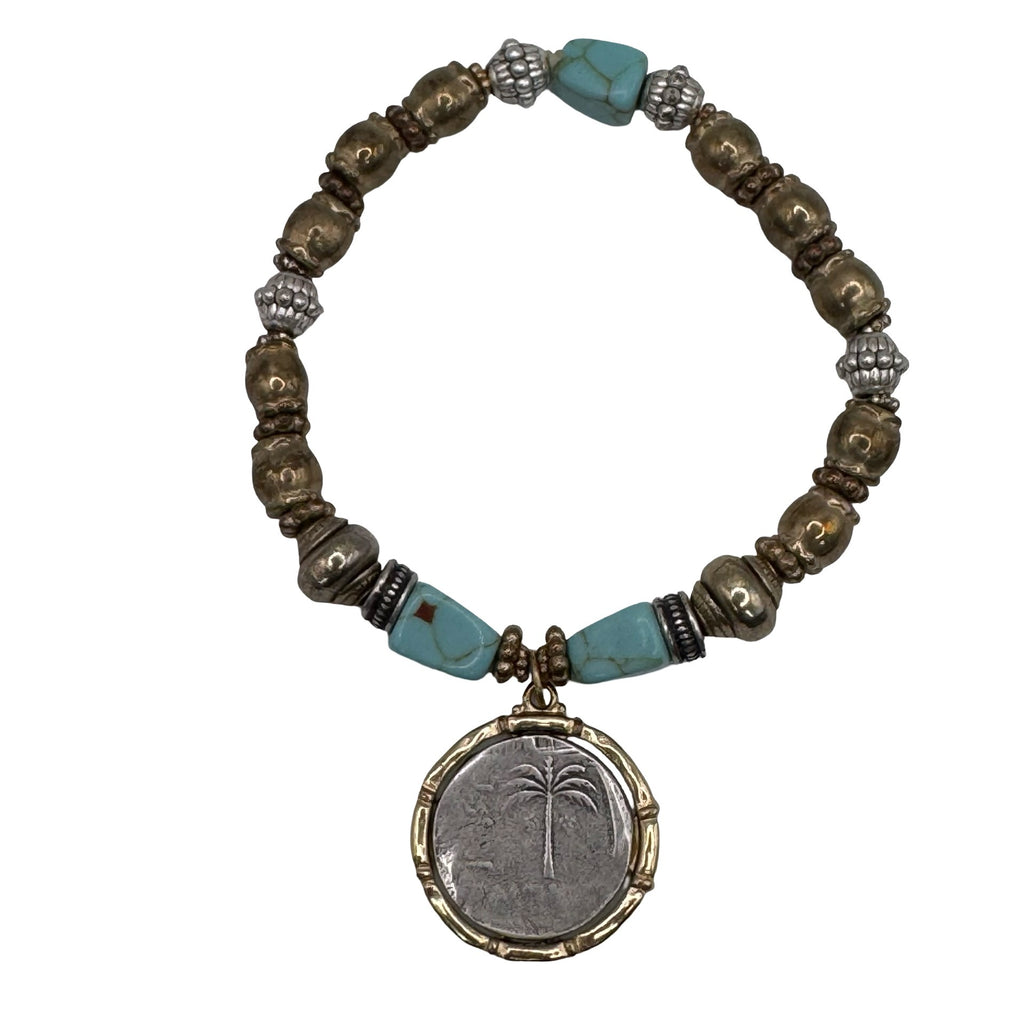 Chicos Beaded Stretch Bracelet Gold Cross Coin Pendant Charm Turquoise Isabel