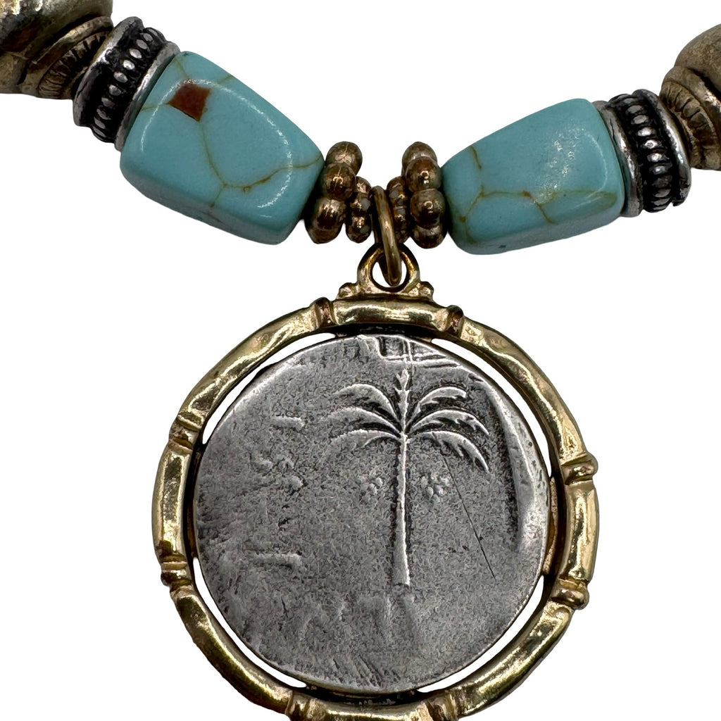 Chicos Beaded Stretch Bracelet Gold Cross Coin Pendant Charm Turquoise Isabel