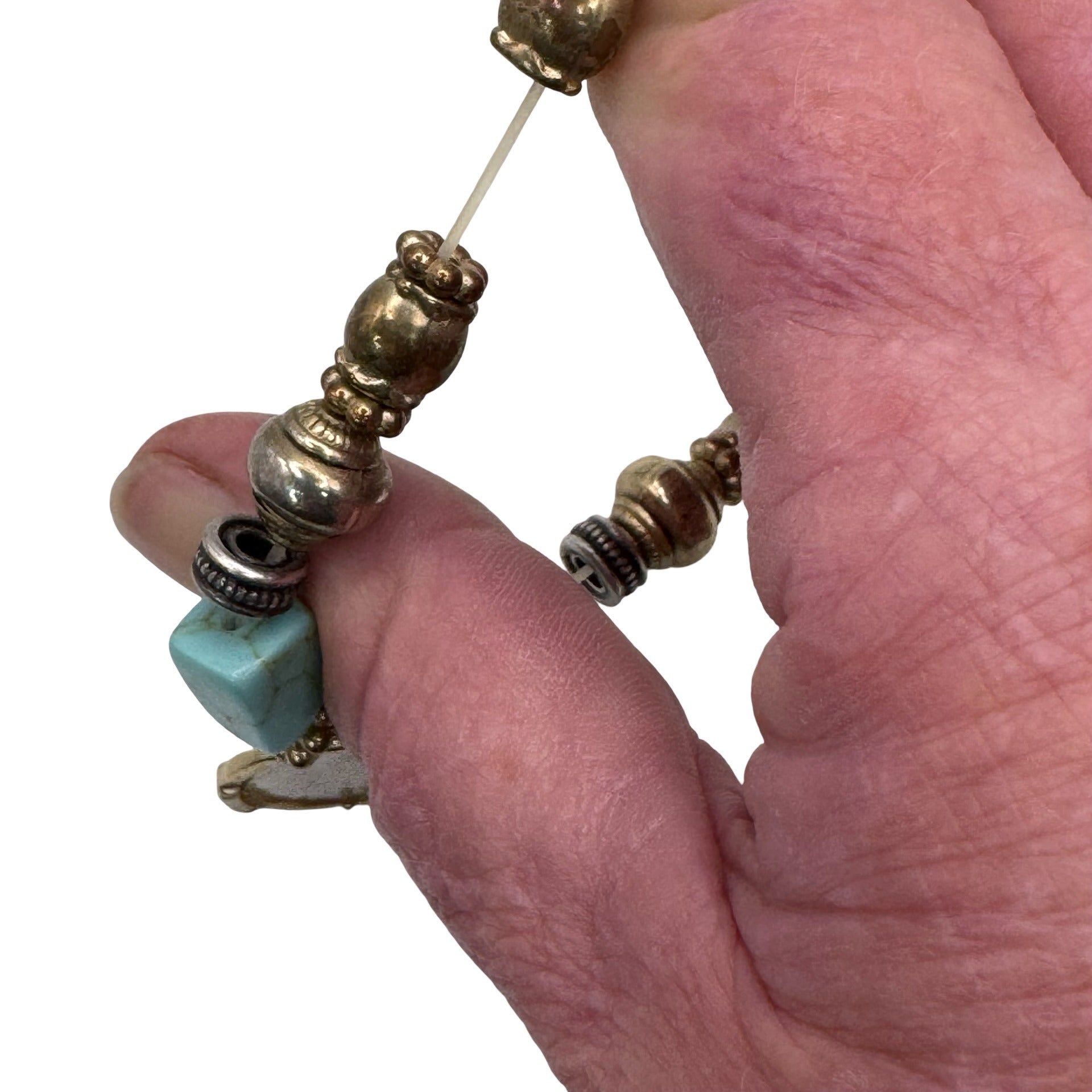 Chicos Beaded Stretch Bracelet Gold Cross Coin Pendant Charm Turquoise Isabel