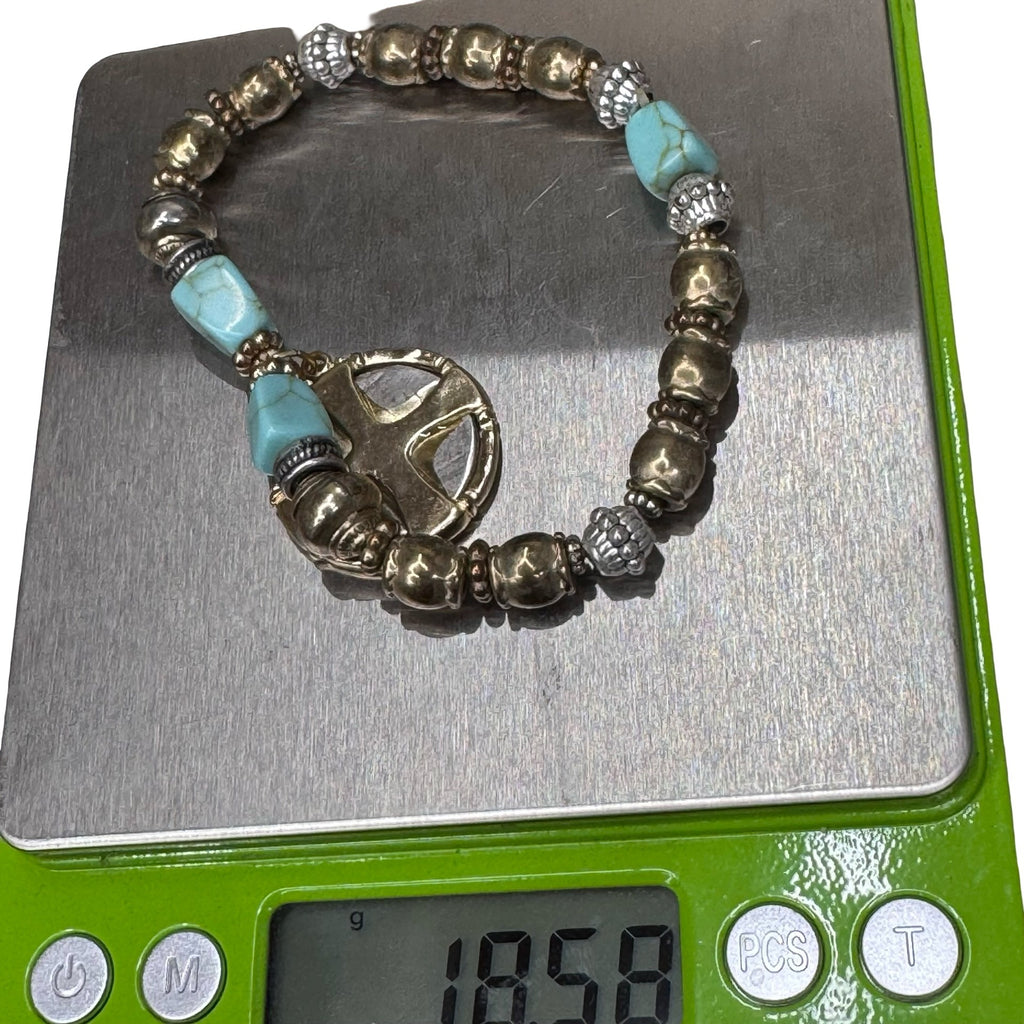 Chicos Beaded Stretch Bracelet Gold Cross Coin Pendant Charm Turquoise Isabel